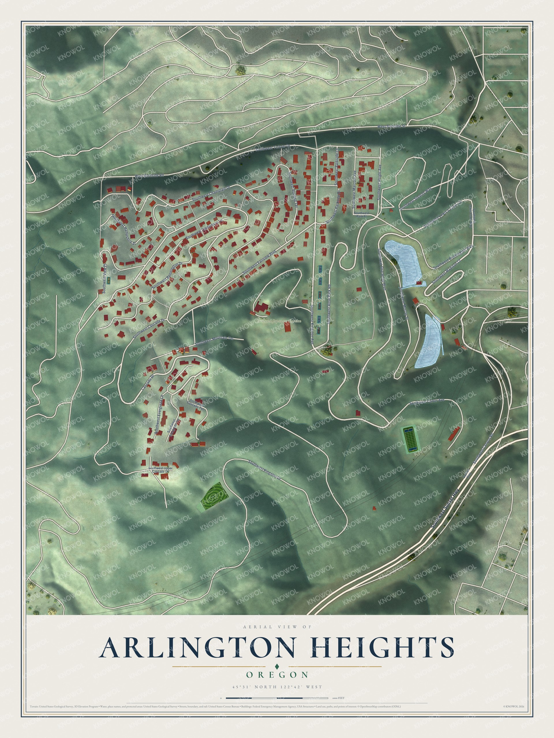 Full map of Arlington Heights, Oregon, with red buildings, printed street names and the land around them