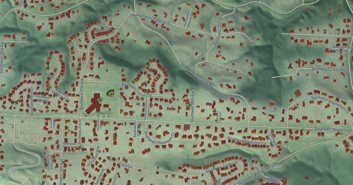 Close-up of streets and buildings in Arnold Creek, Oregon