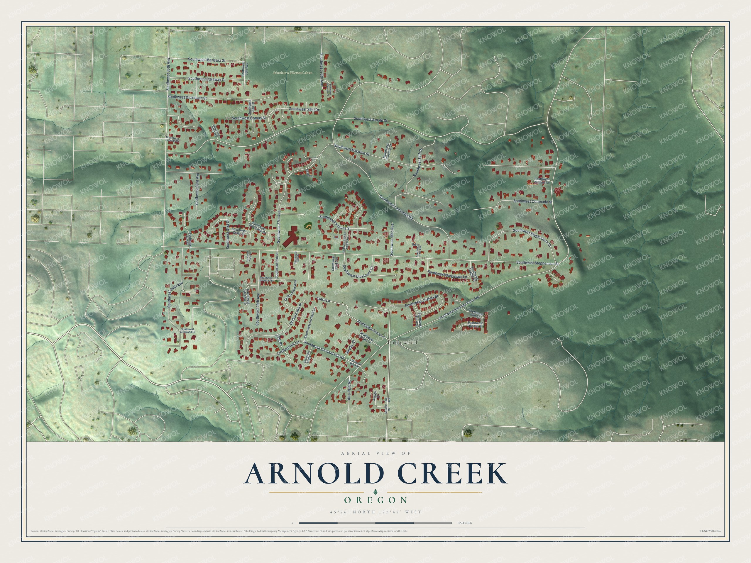 Full map of Arnold Creek, Oregon, with red buildings, printed street names and the land around them
