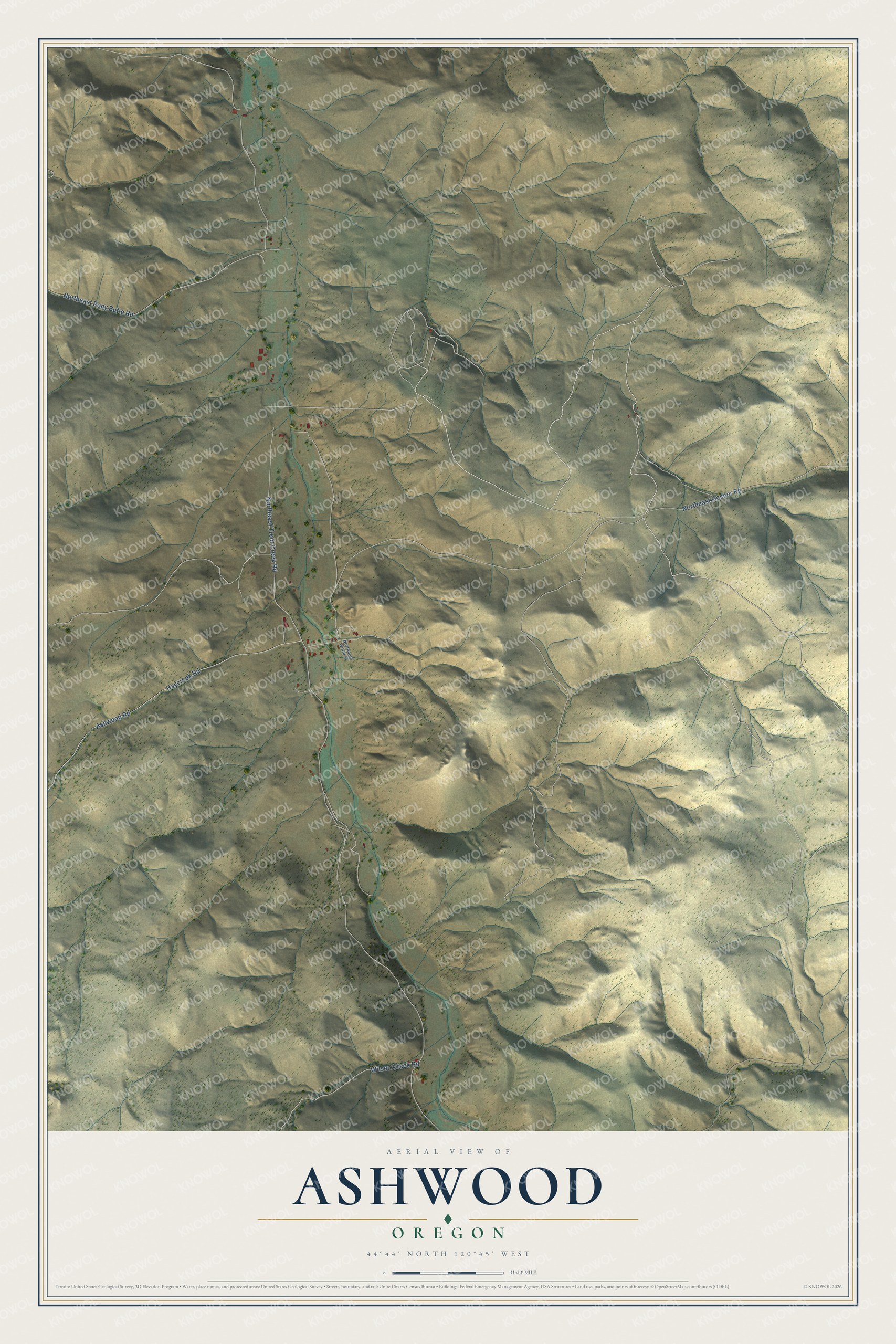 Full map of Ashwood, Oregon, with red buildings, printed street names and the land around them