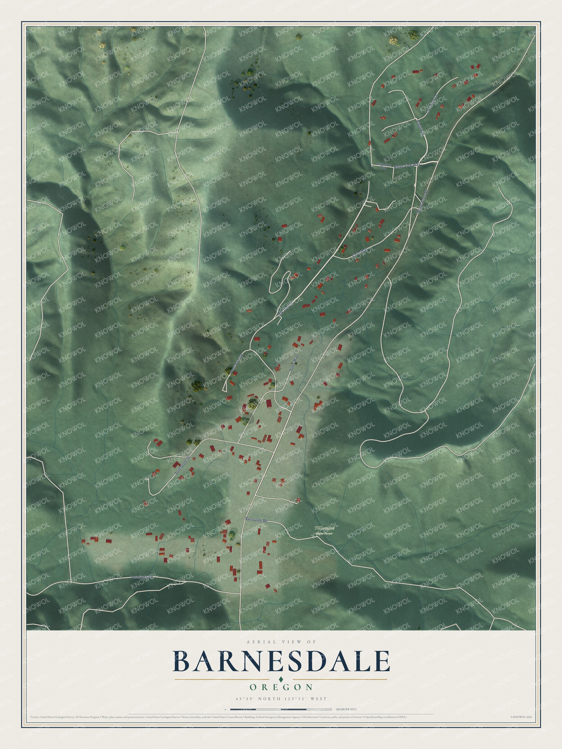 Full map of Barnesdale, Oregon, with red buildings, printed street names and the land around them