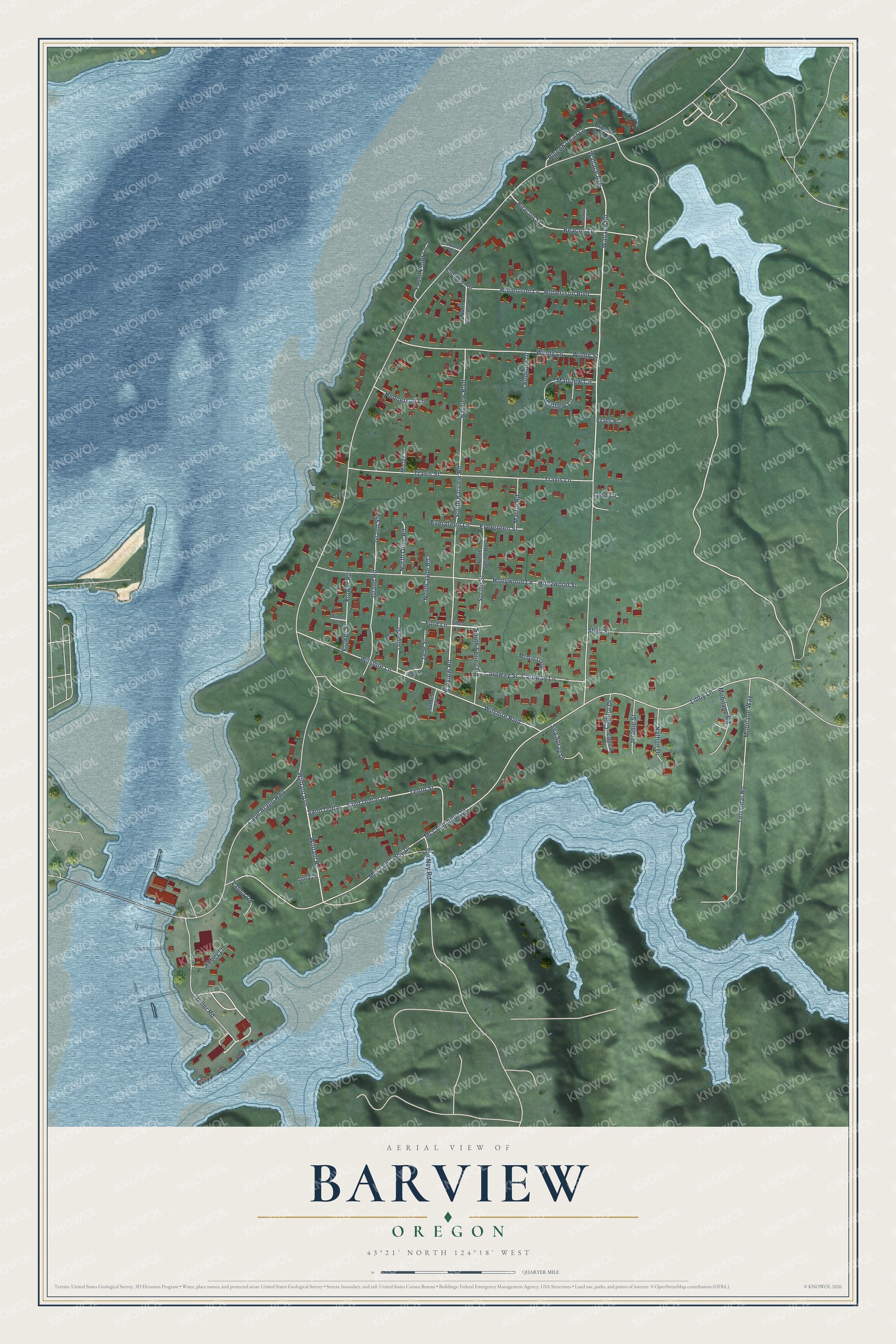 Full map of Barview, Oregon, with red buildings, printed street names and the land around them