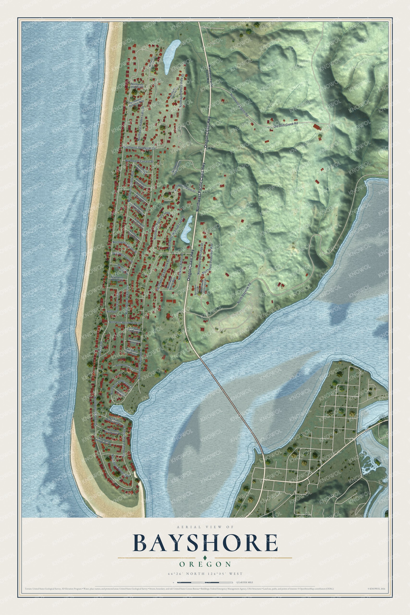 Full map of Bayshore, Oregon, with red buildings, printed street names and the land around them