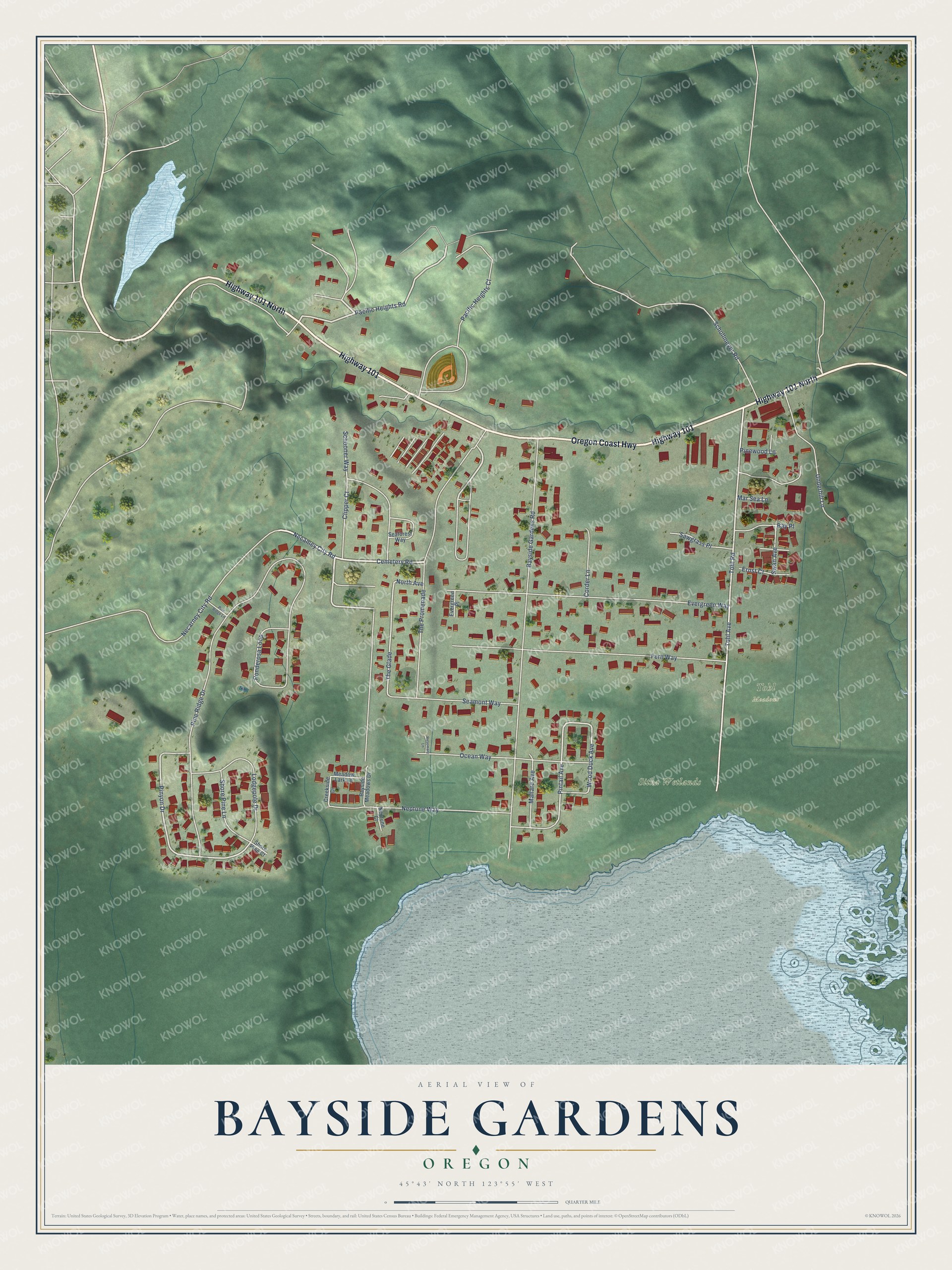 Full map of Bayside Gardens, Oregon, with red buildings, printed street names and the land around them