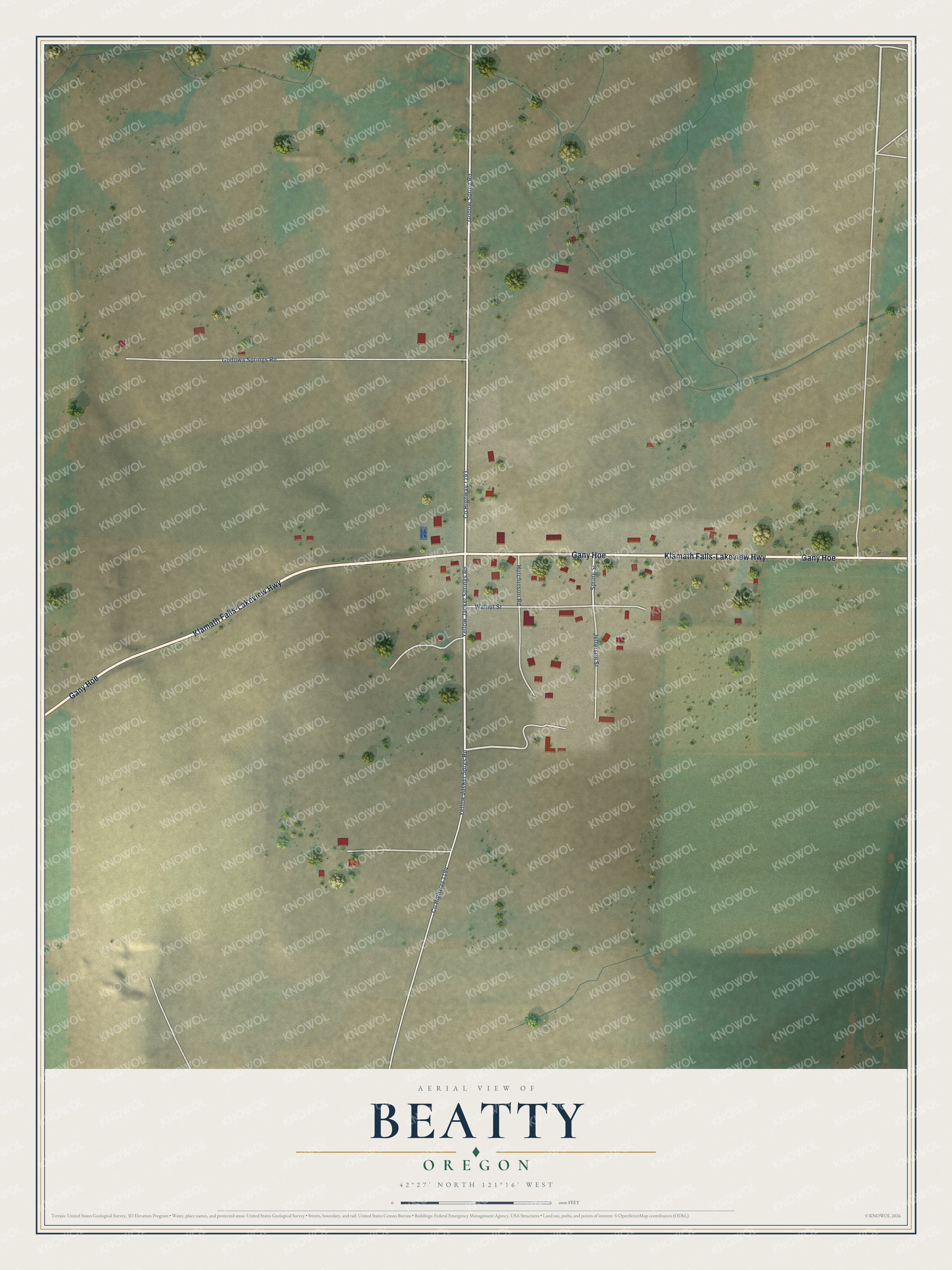 Full map of Beatty, Oregon, with red buildings, printed street names and the land around them