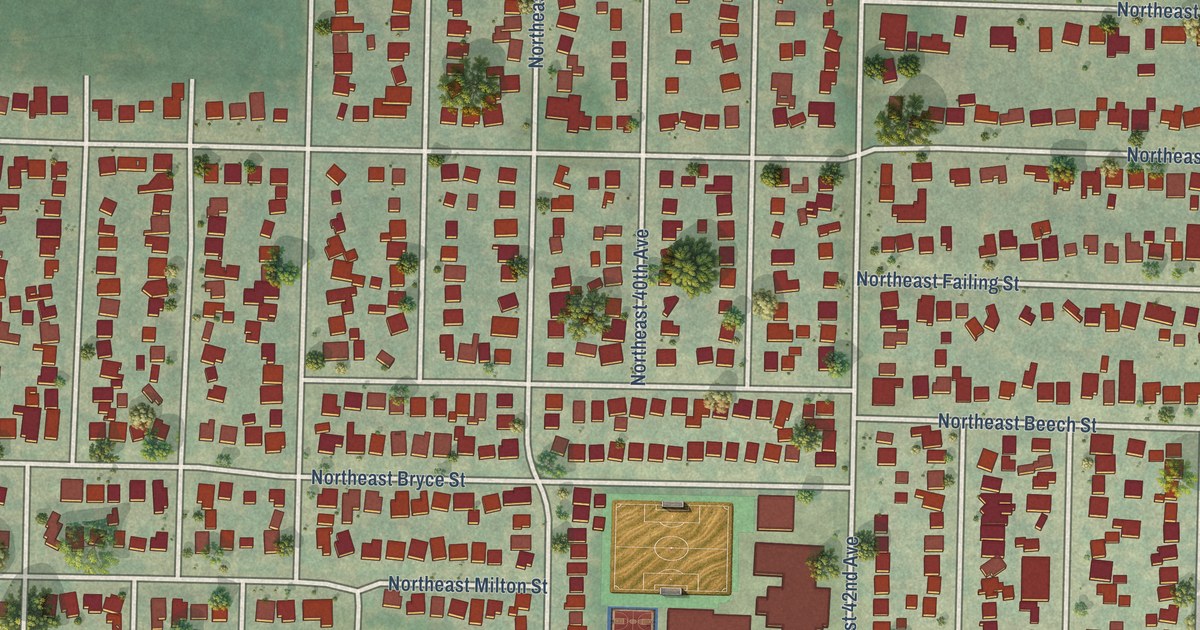 Close-up of streets and buildings in Beaumont-Wilshire, Oregon