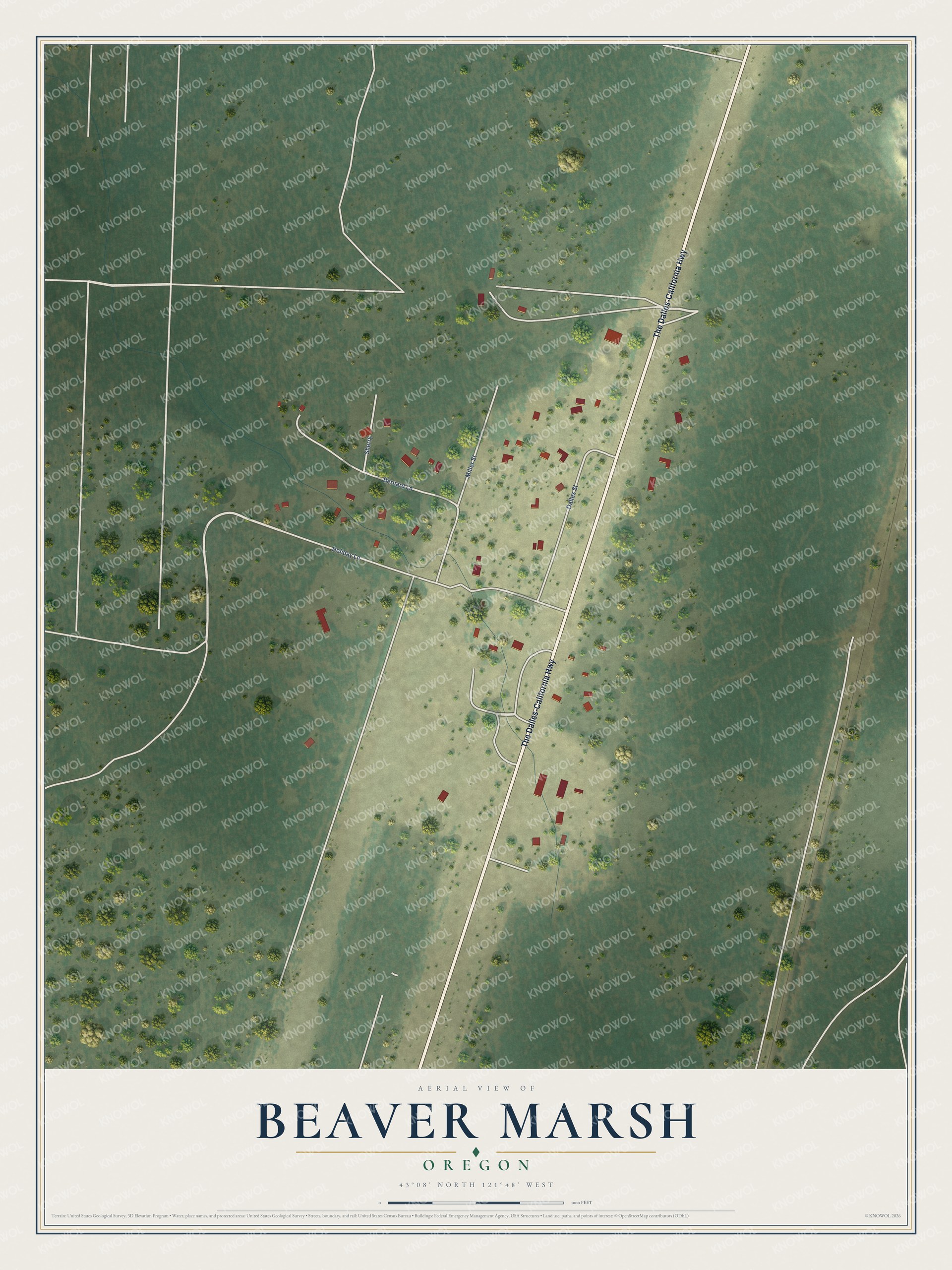Full map of Beaver Marsh, Oregon, with red buildings, printed street names and the land around them