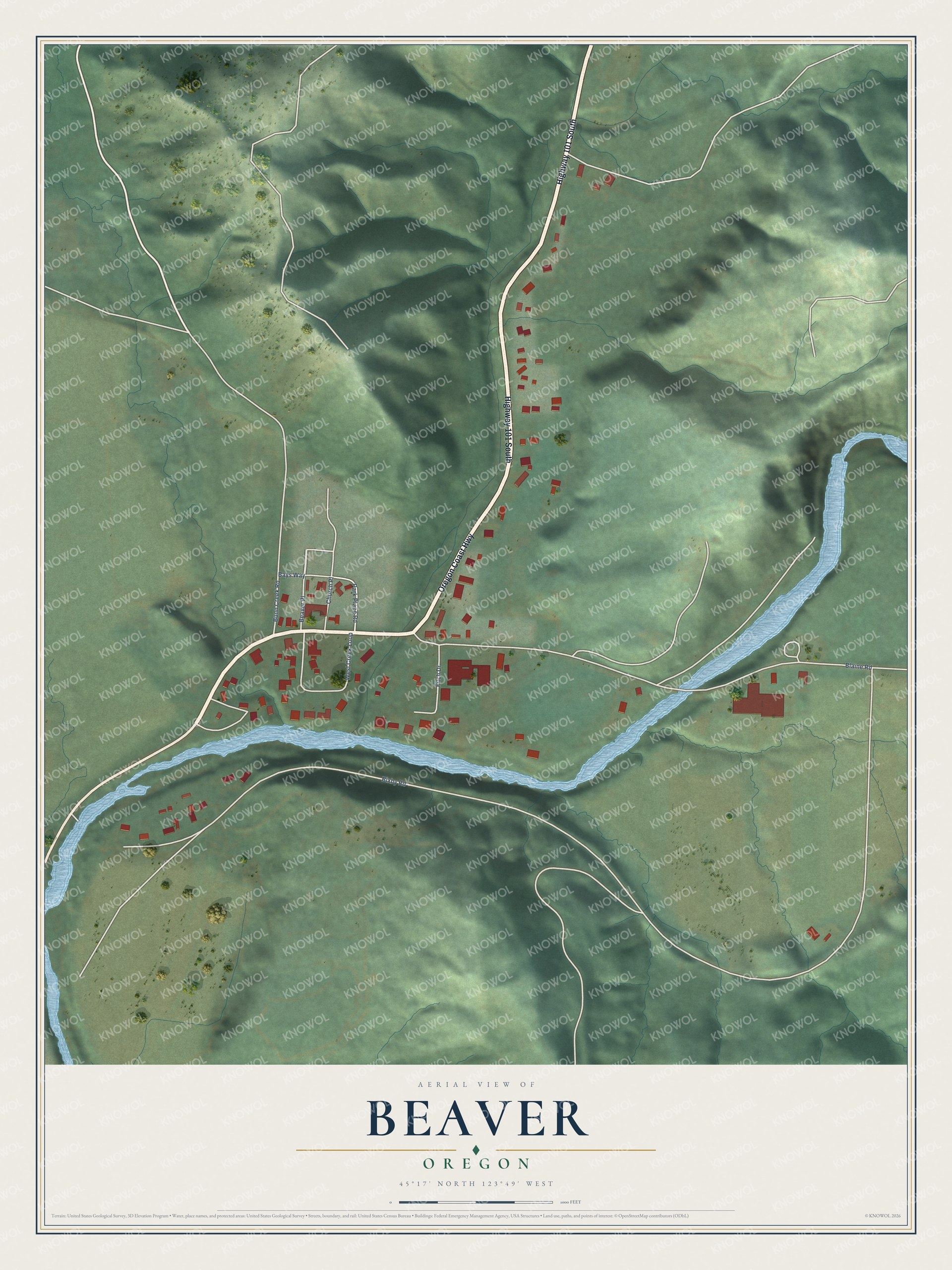 Full map of Beaver, Oregon, with red buildings, printed street names and the land around them