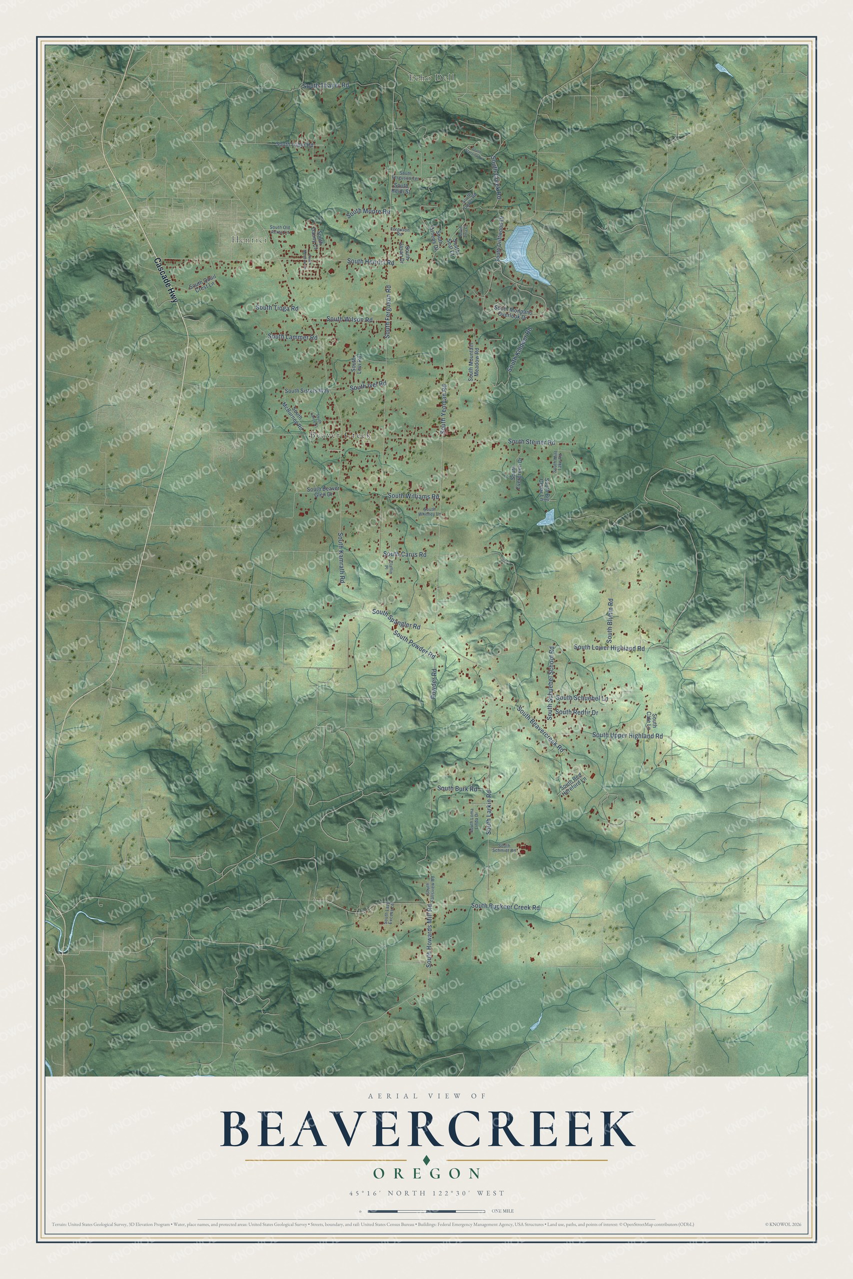 Full map of Beavercreek, Oregon, with red buildings, printed street names and the land around them