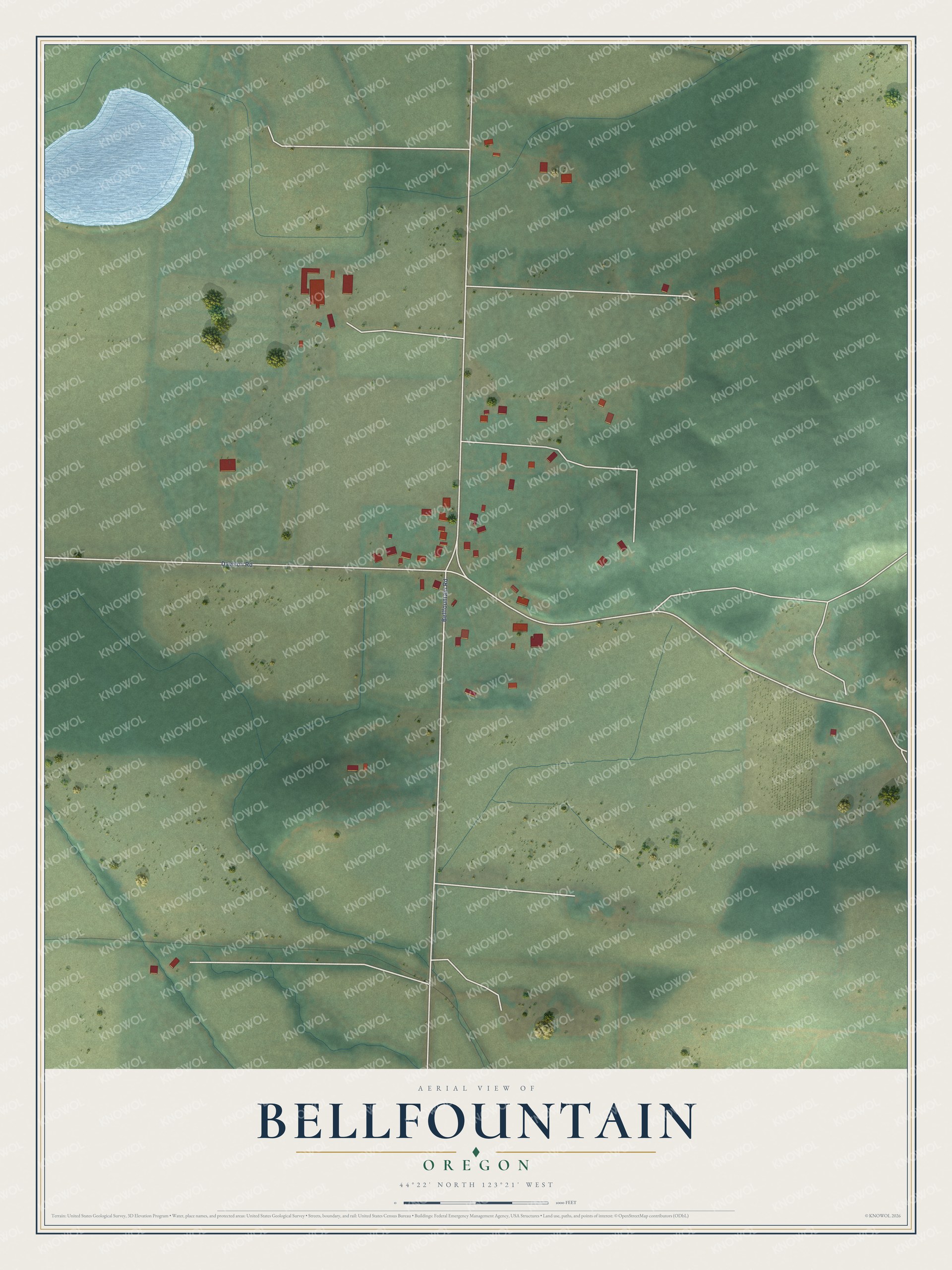 Full map of Bellfountain, Oregon, with red buildings, printed street names and the land around them