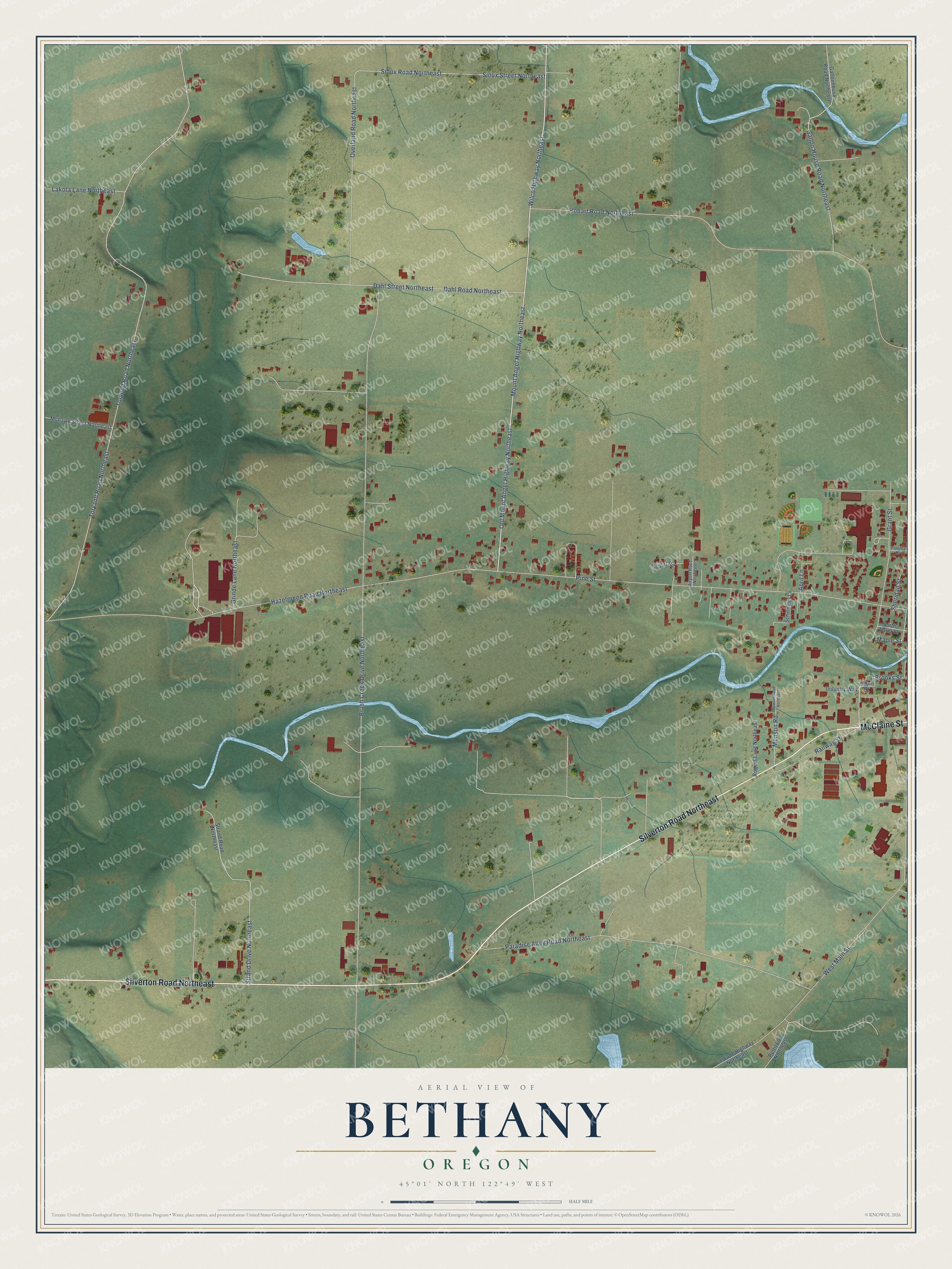 Full map of Bethany, Oregon, with red buildings, printed street names and the land around them