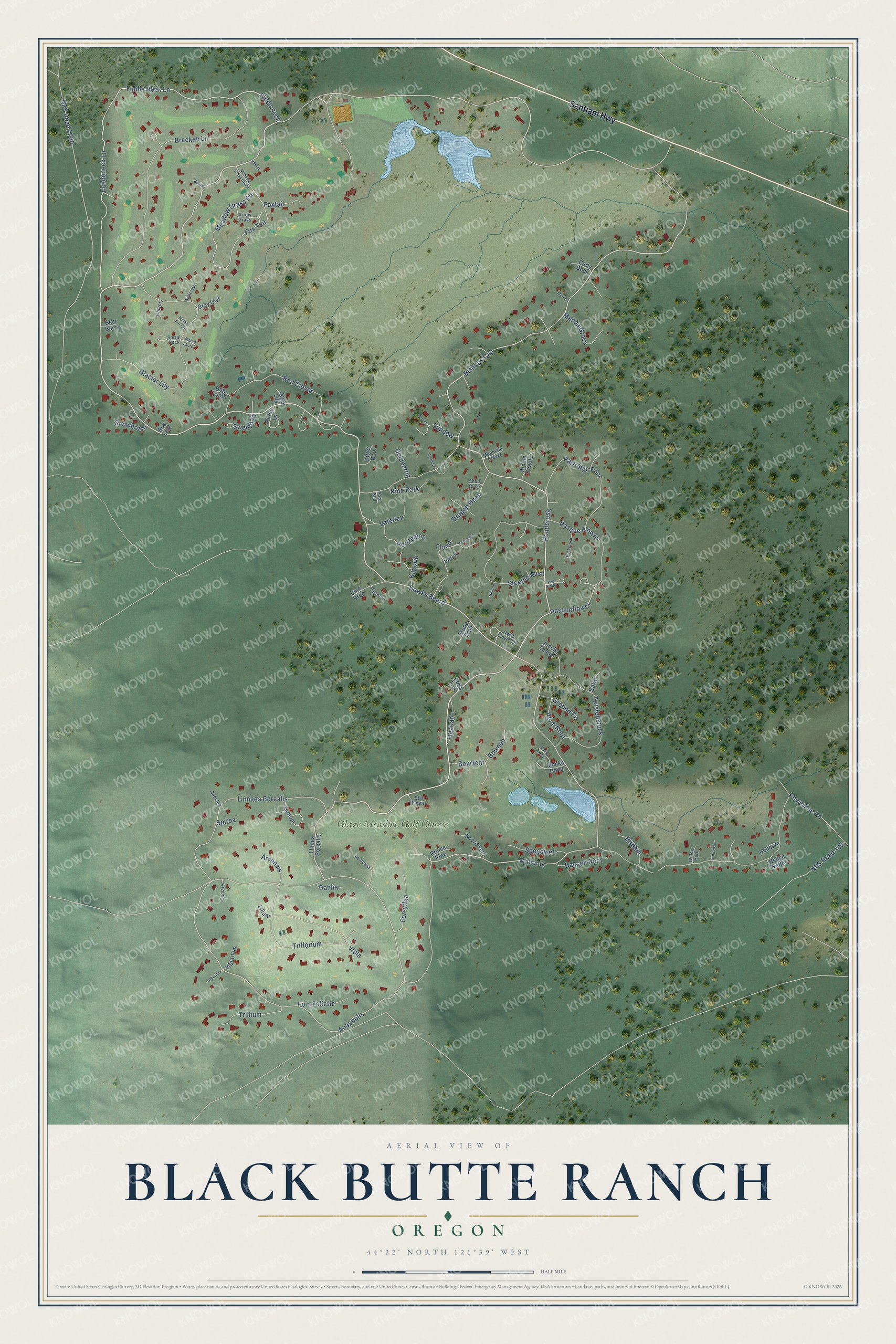 Full map of Black Butte Ranch, Oregon, with red buildings, printed street names and the land around them