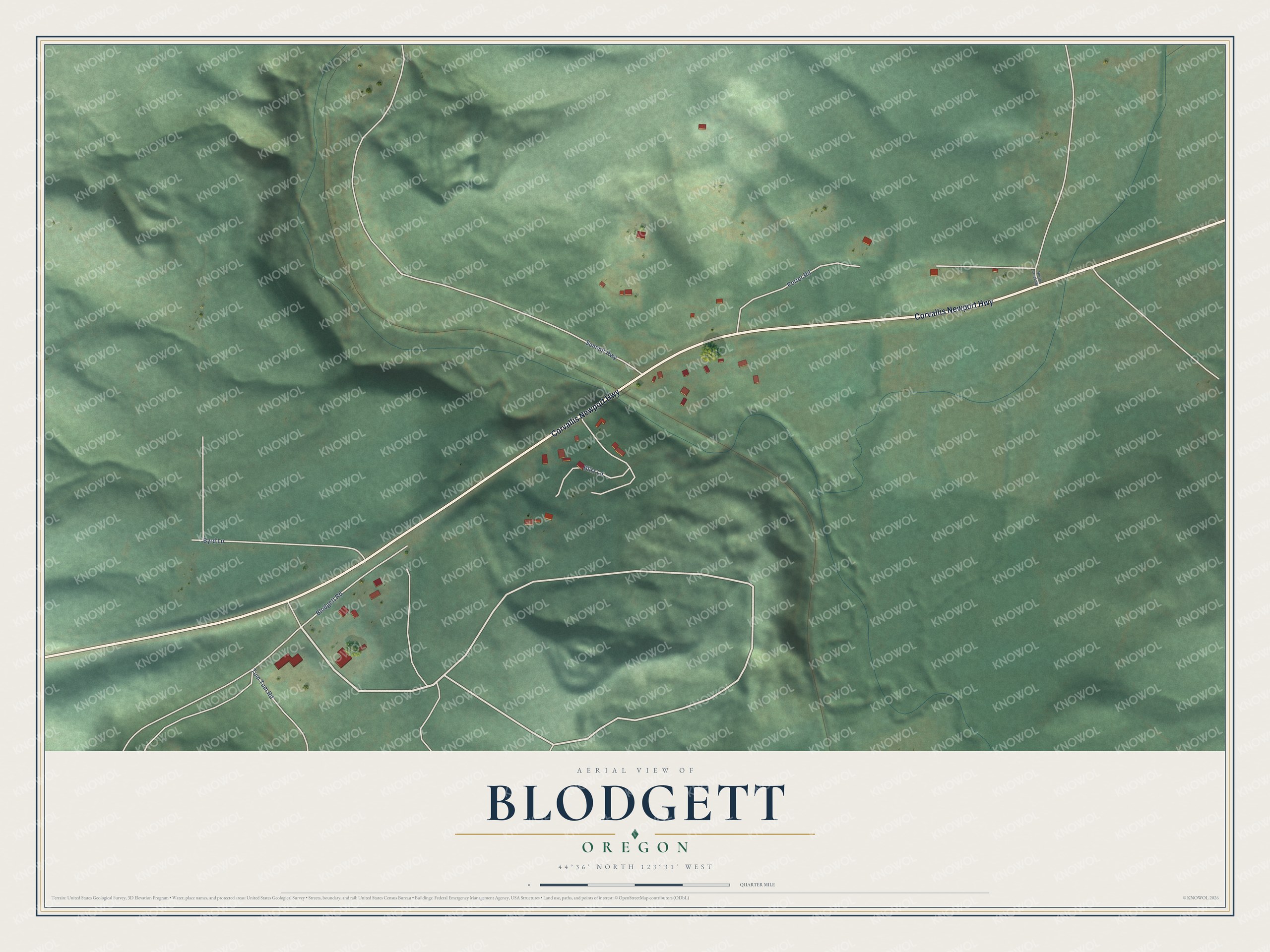 Full map of Blodgett, Oregon, with red buildings, printed street names and the land around them