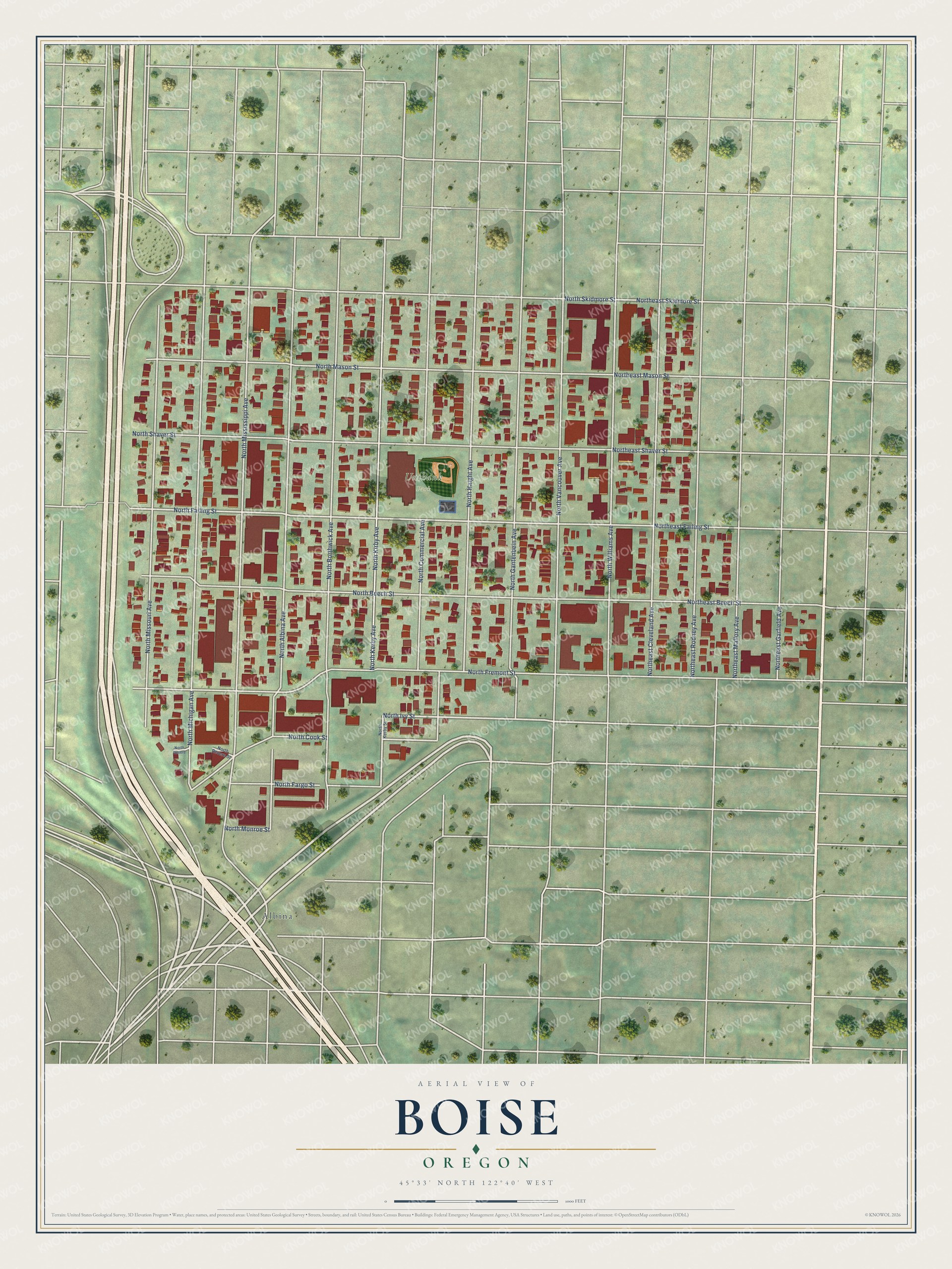 Full map of Boise, Oregon, with red buildings, printed street names and the land around them