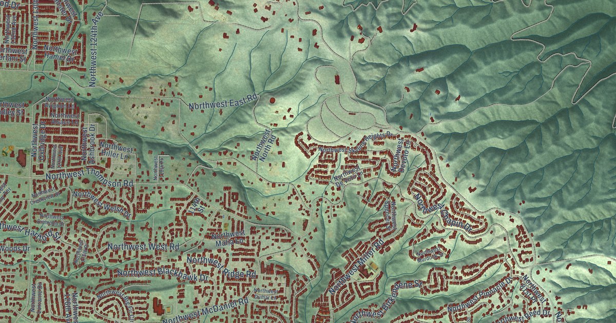 Close-up of streets and buildings in Bonny Slope, Oregon
