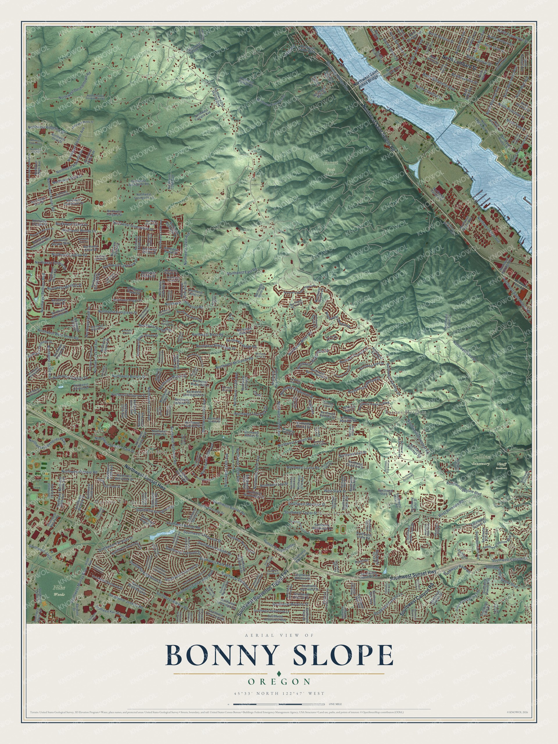 Full map of Bonny Slope, Oregon, with red buildings, printed street names and the land around them