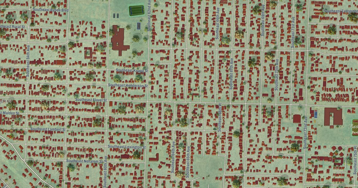Close-up of streets and buildings in Brentwood-Darlington, Oregon