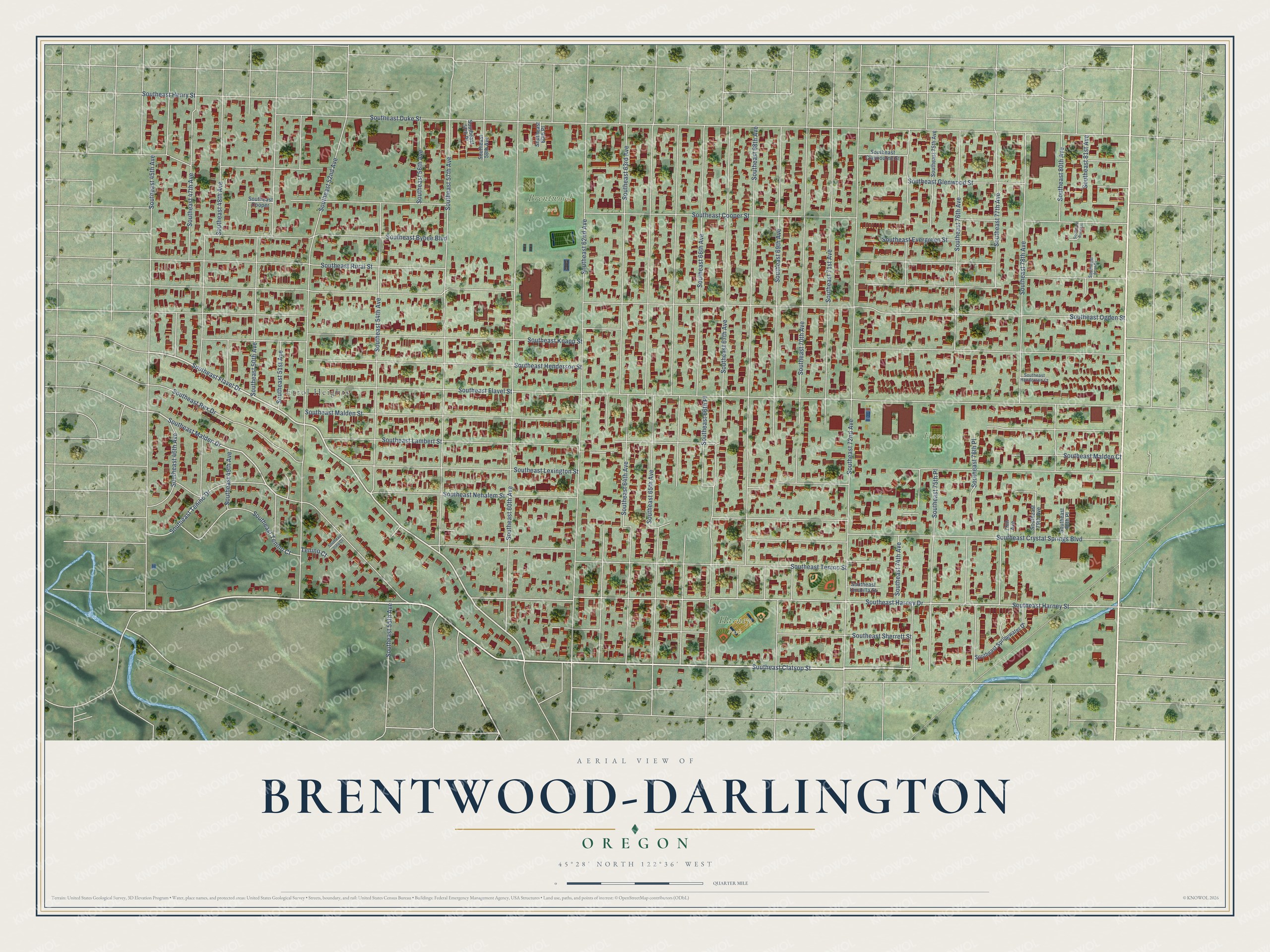 Full map of Brentwood-Darlington, Oregon, with red buildings, printed street names and the land around them