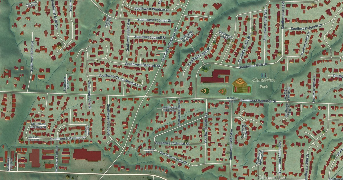 Close-up of streets and buildings in Bridlemile, Oregon