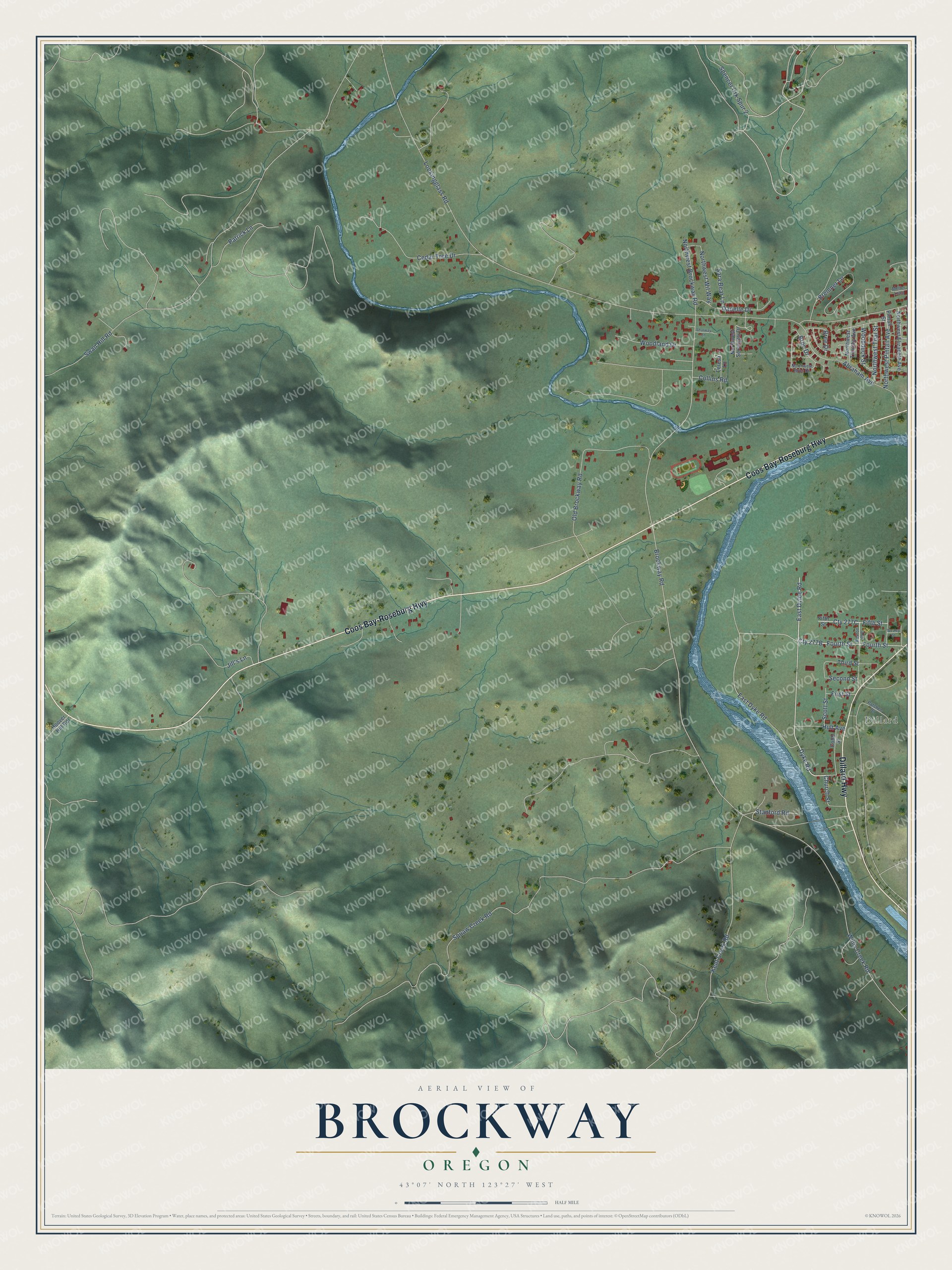 Full map of Brockway, Oregon, with red buildings, printed street names and the land around them
