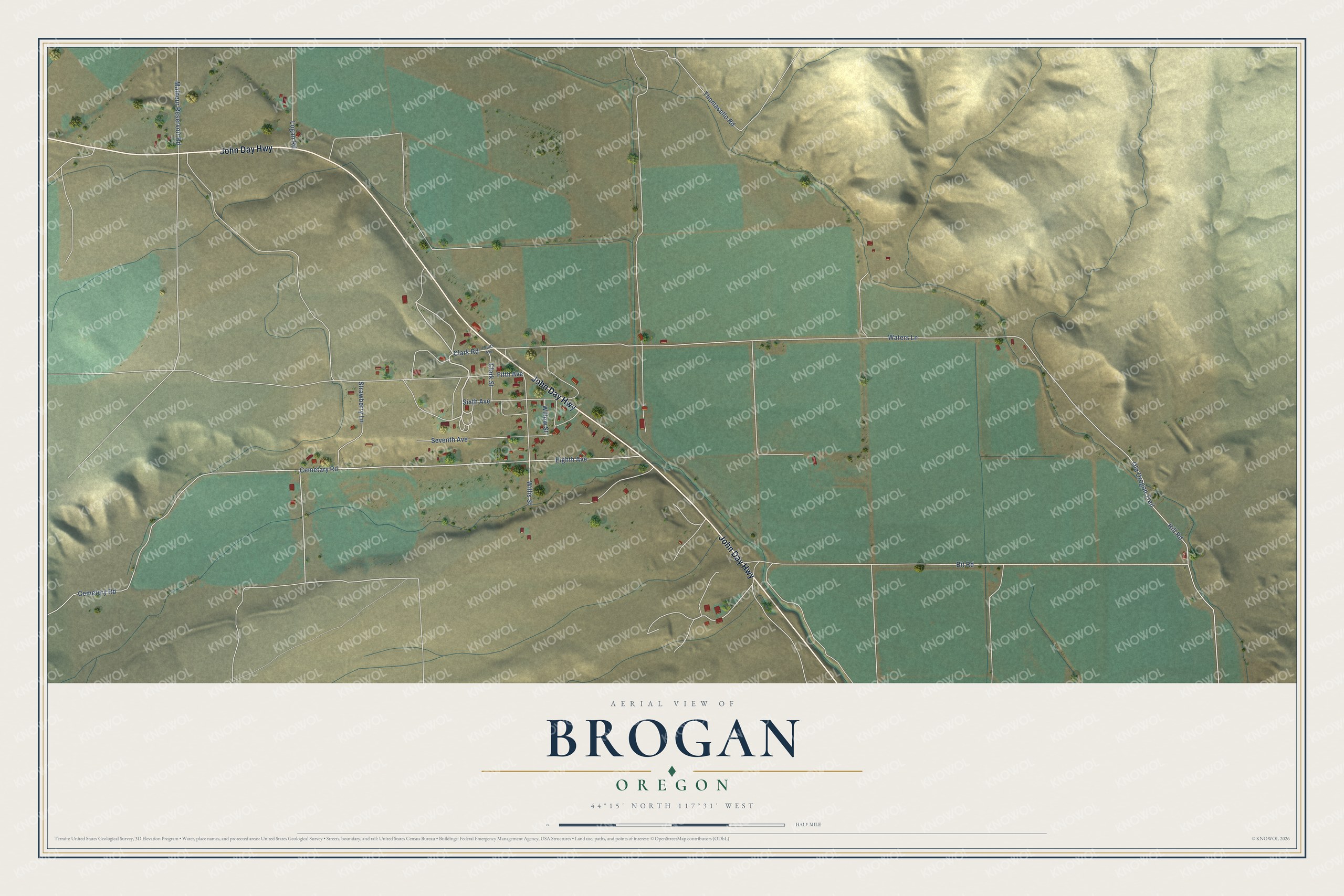 Full map of Brogan, Oregon, with red buildings, printed street names and the land around them