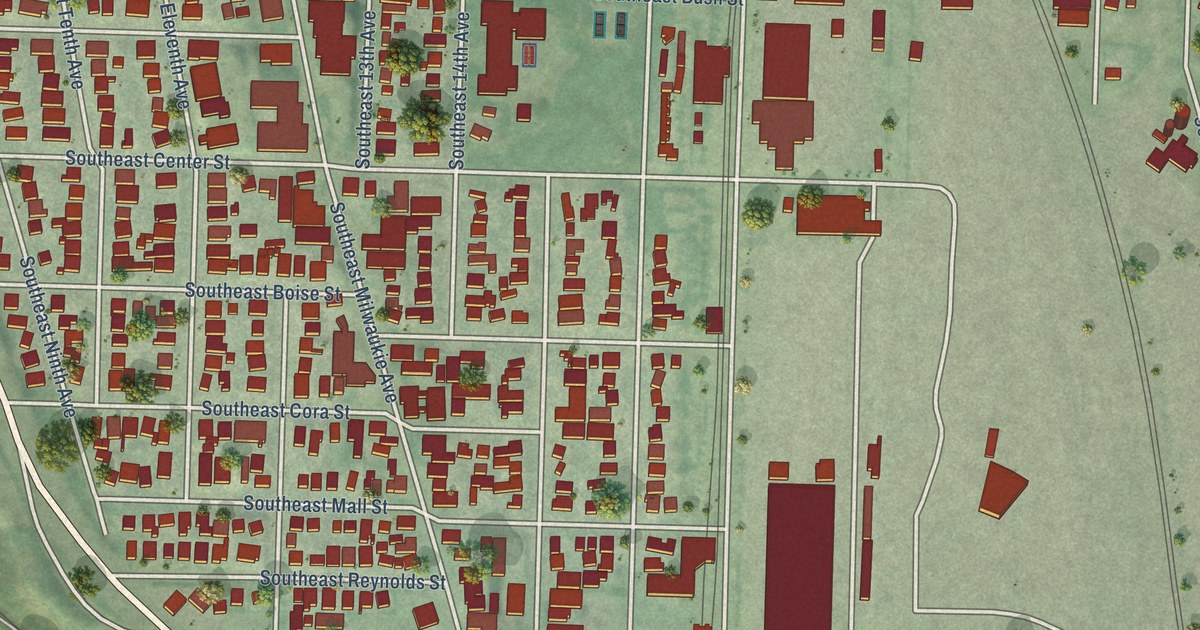 Close-up of streets and buildings in Brooklyn, Oregon