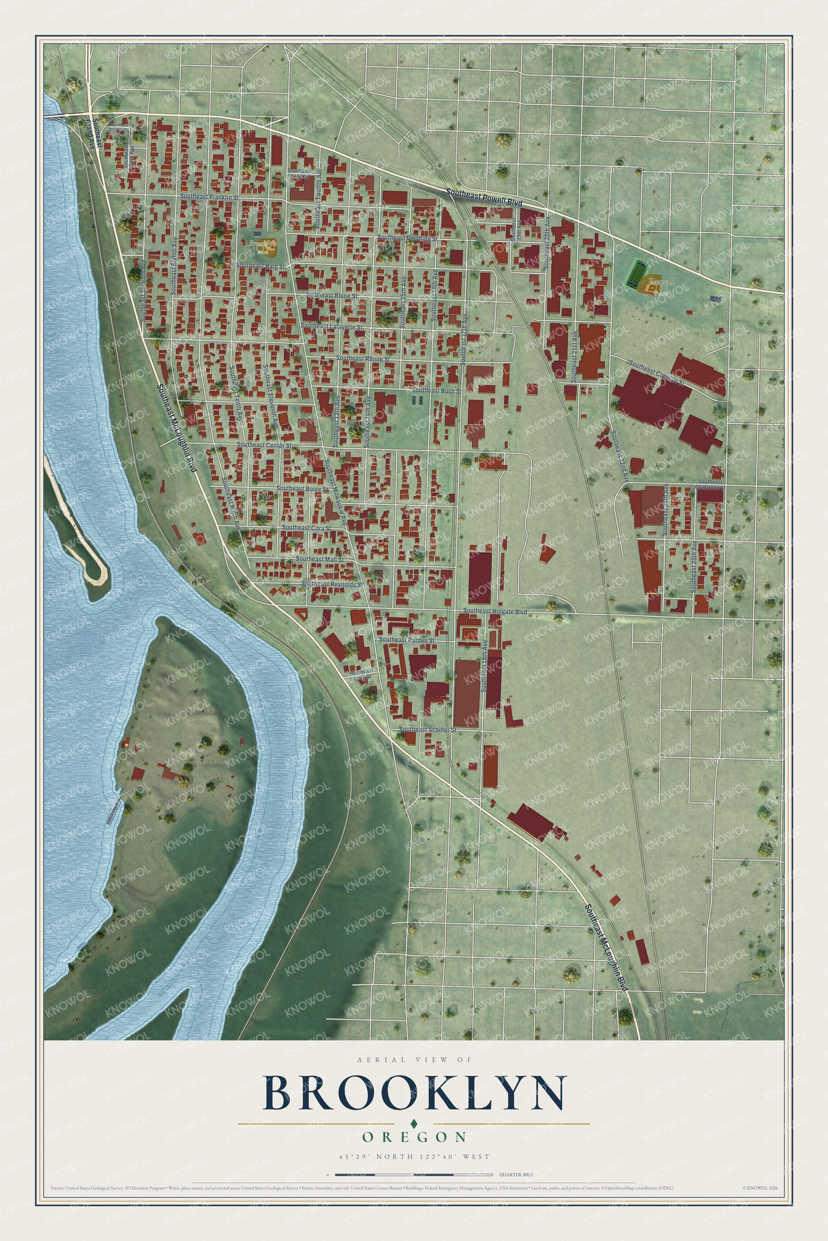 Full map of Brooklyn, Oregon, with red buildings, printed street names and the land around them