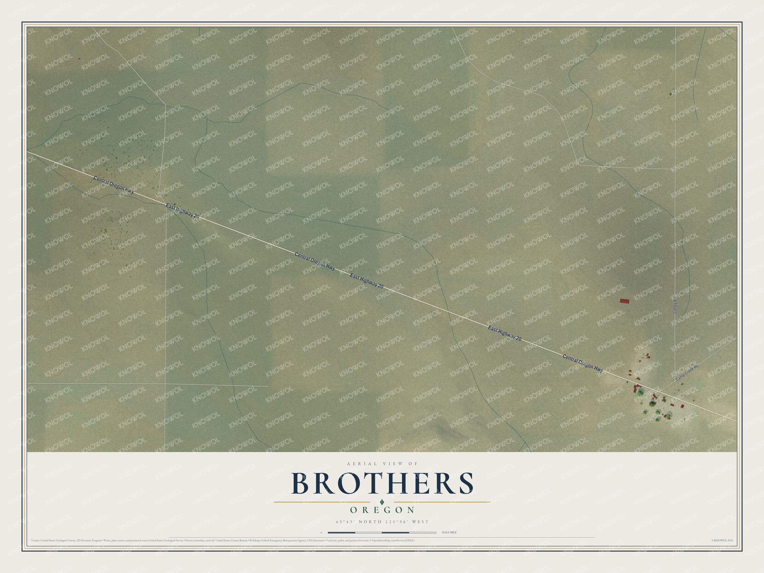 Full map of Brothers, Oregon, with red buildings, printed street names and the land around them