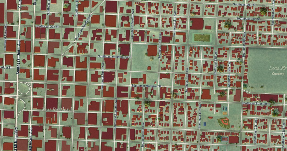 Close-up of streets and buildings in Buckman, Oregon