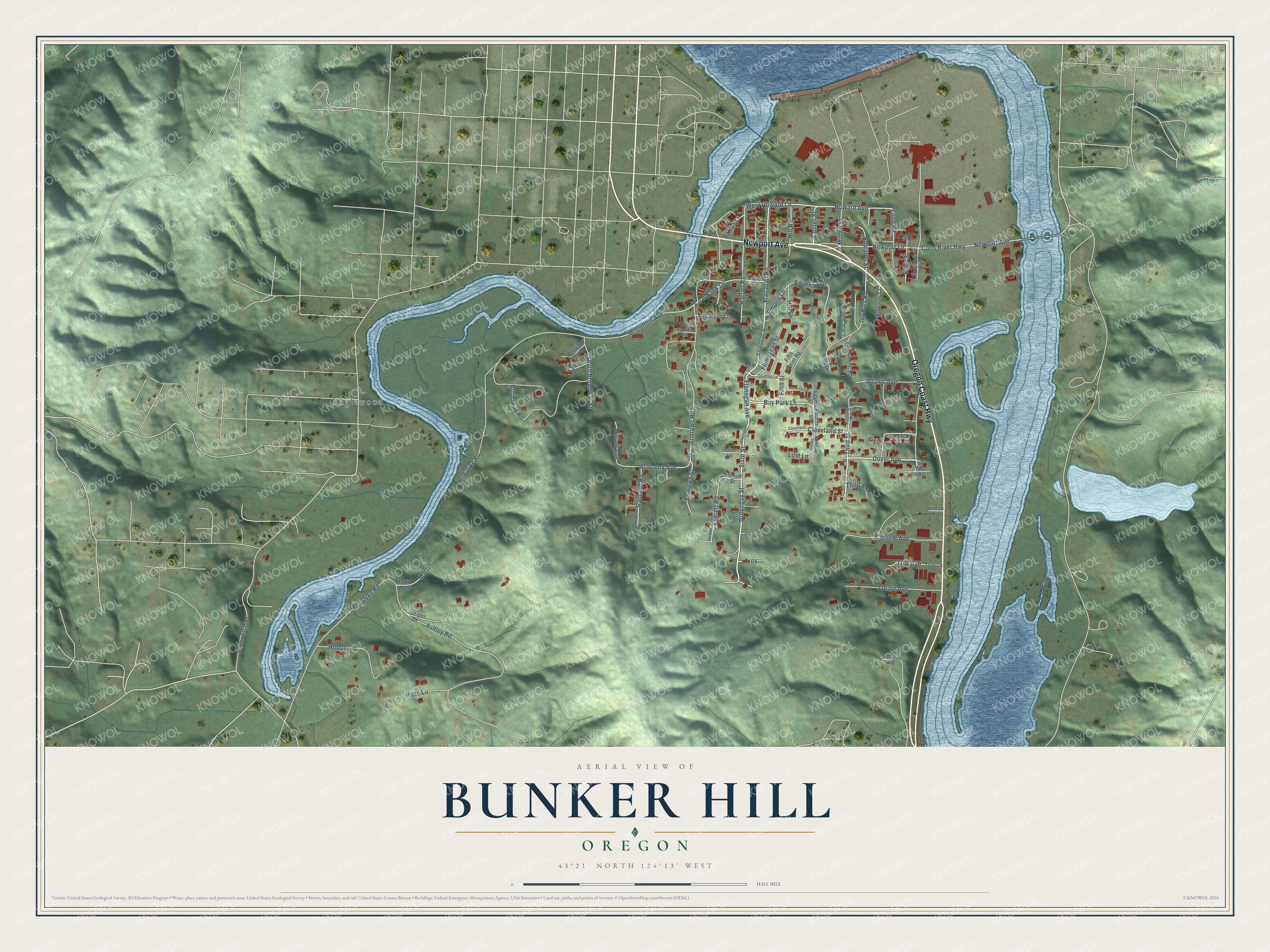 Full map of Bunker Hill, Oregon, with red buildings, printed street names and the land around them