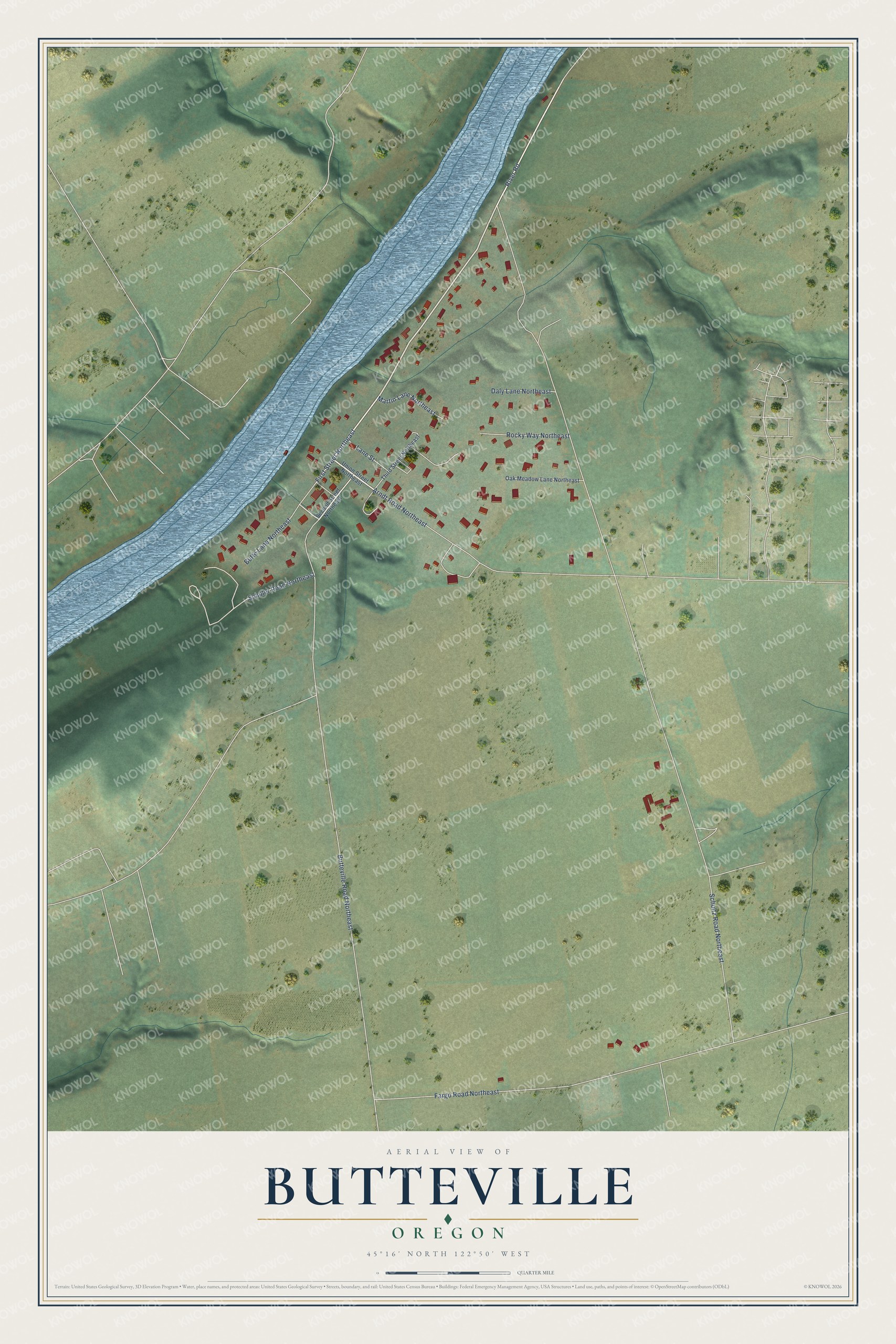 Full map of Butteville, Oregon, with red buildings, printed street names and the land around them
