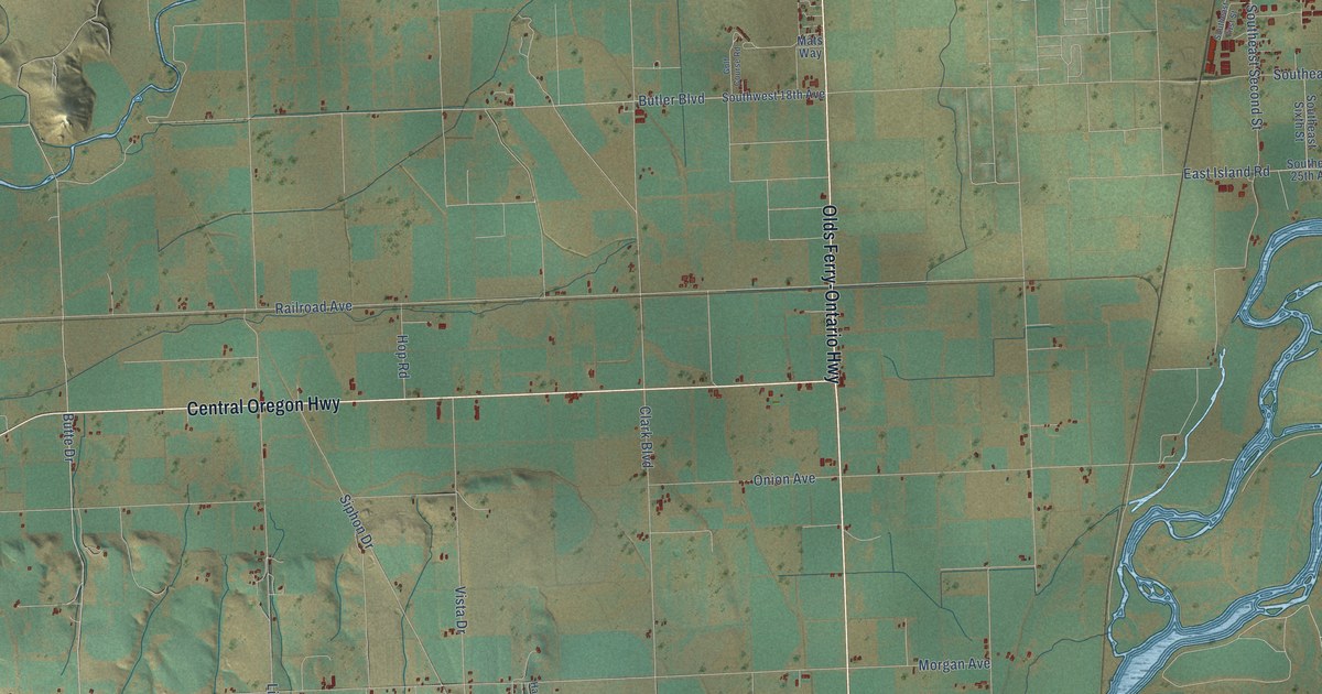 Close-up of streets and buildings in Cairo, Oregon