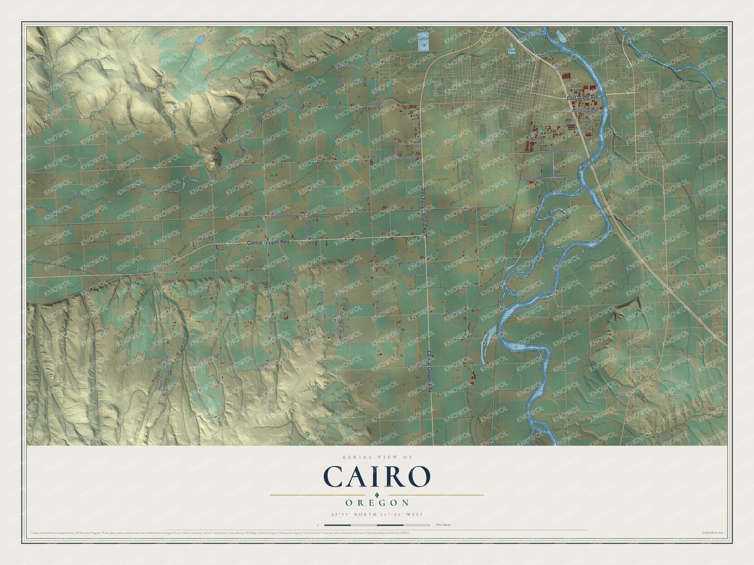 Full map of Cairo, Oregon, with red buildings, printed street names and the land around them