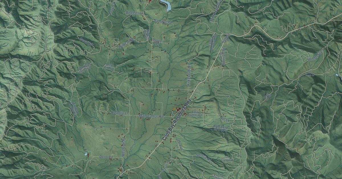 Close-up of streets and buildings in Camas Valley, Oregon