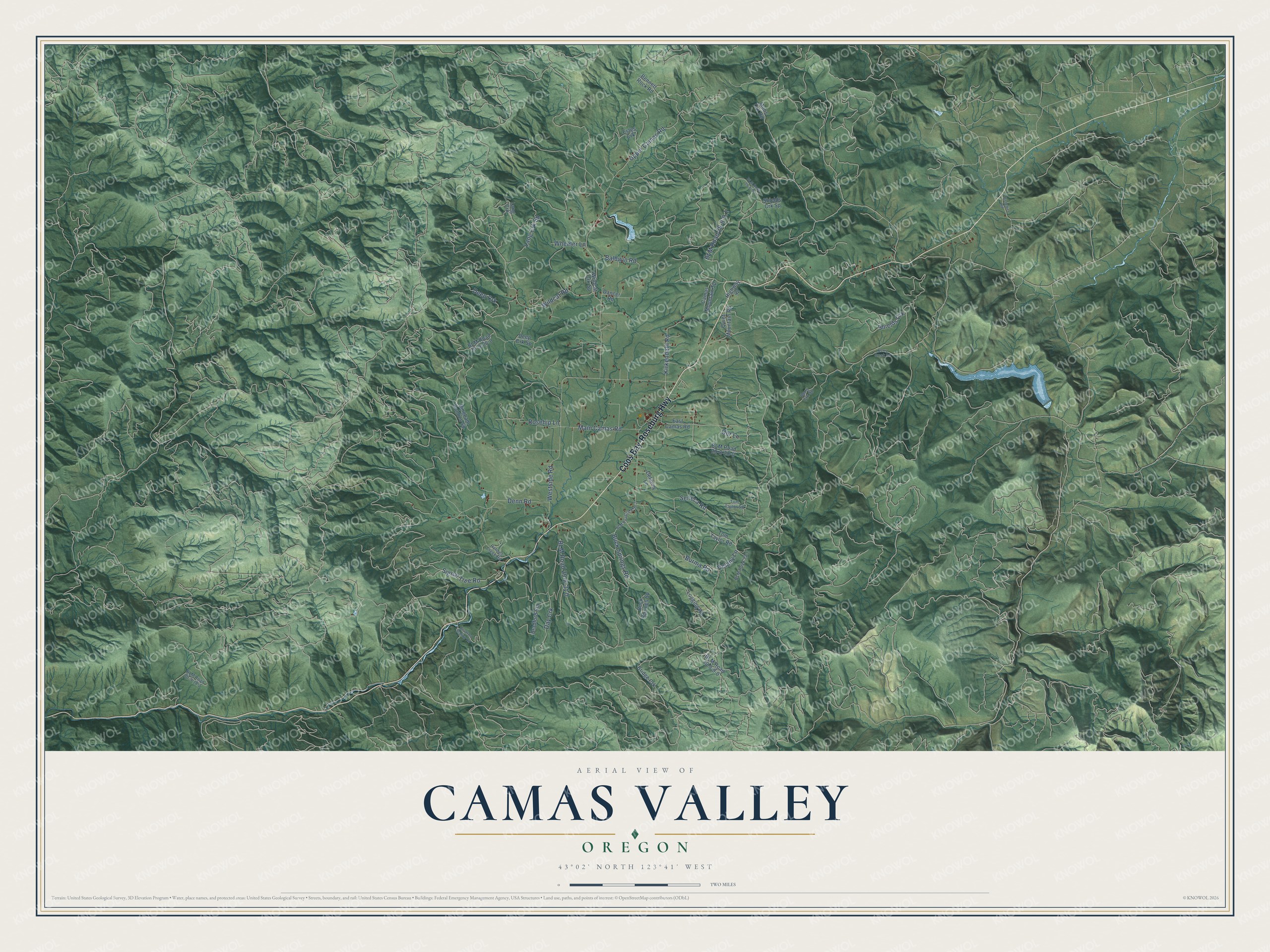 Full map of Camas Valley, Oregon, with red buildings, printed street names and the land around them