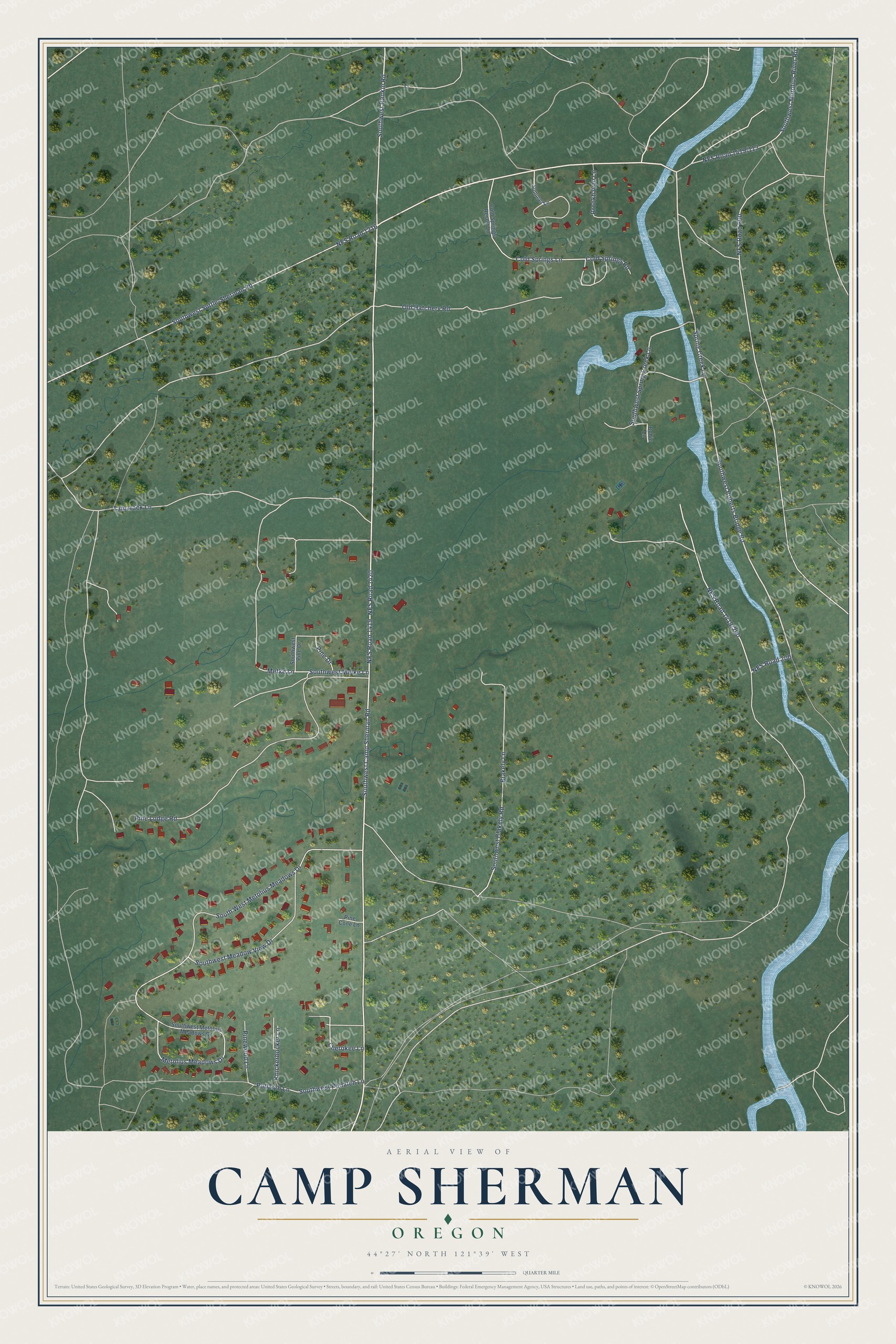 Full map of Camp Sherman, Oregon, with red buildings, printed street names and the land around them