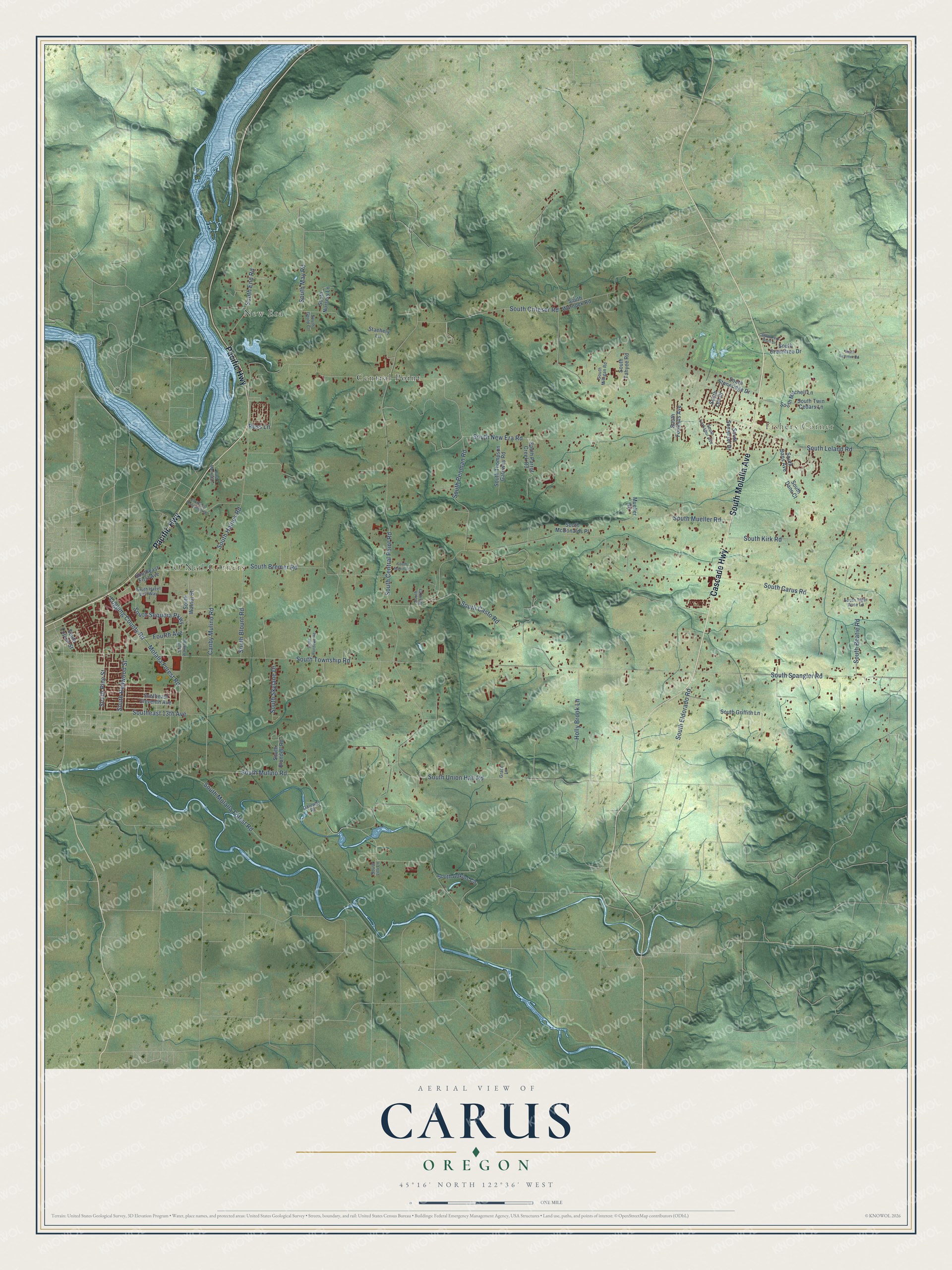 Full map of Carus, Oregon, with red buildings, printed street names and the land around them