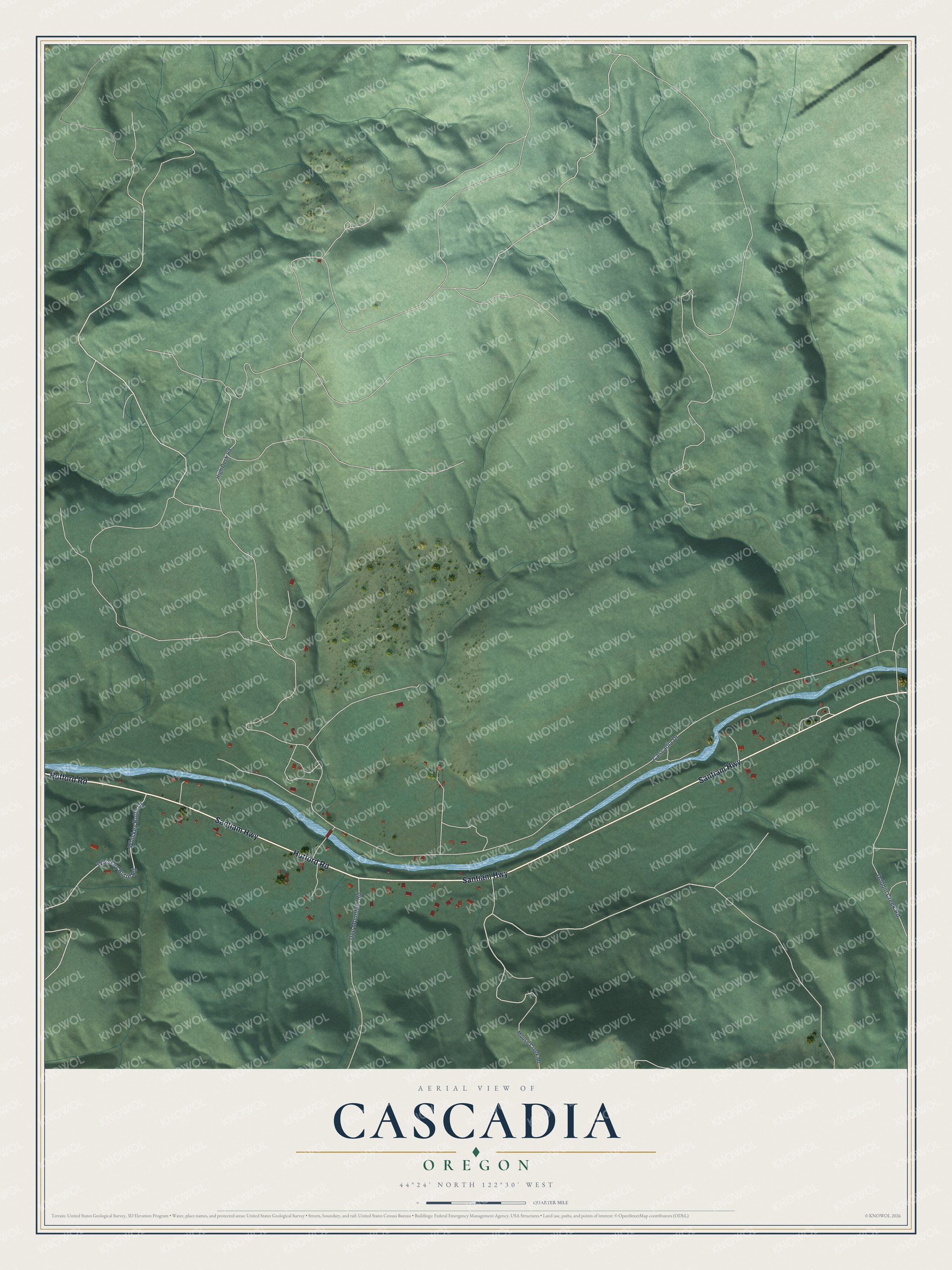 Full map of Cascadia, Oregon, with red buildings, printed street names and the land around them