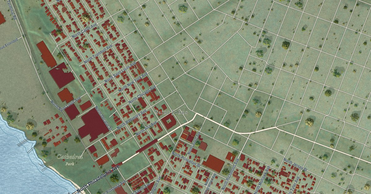 Close-up of streets and buildings in Cathedral Park, Oregon