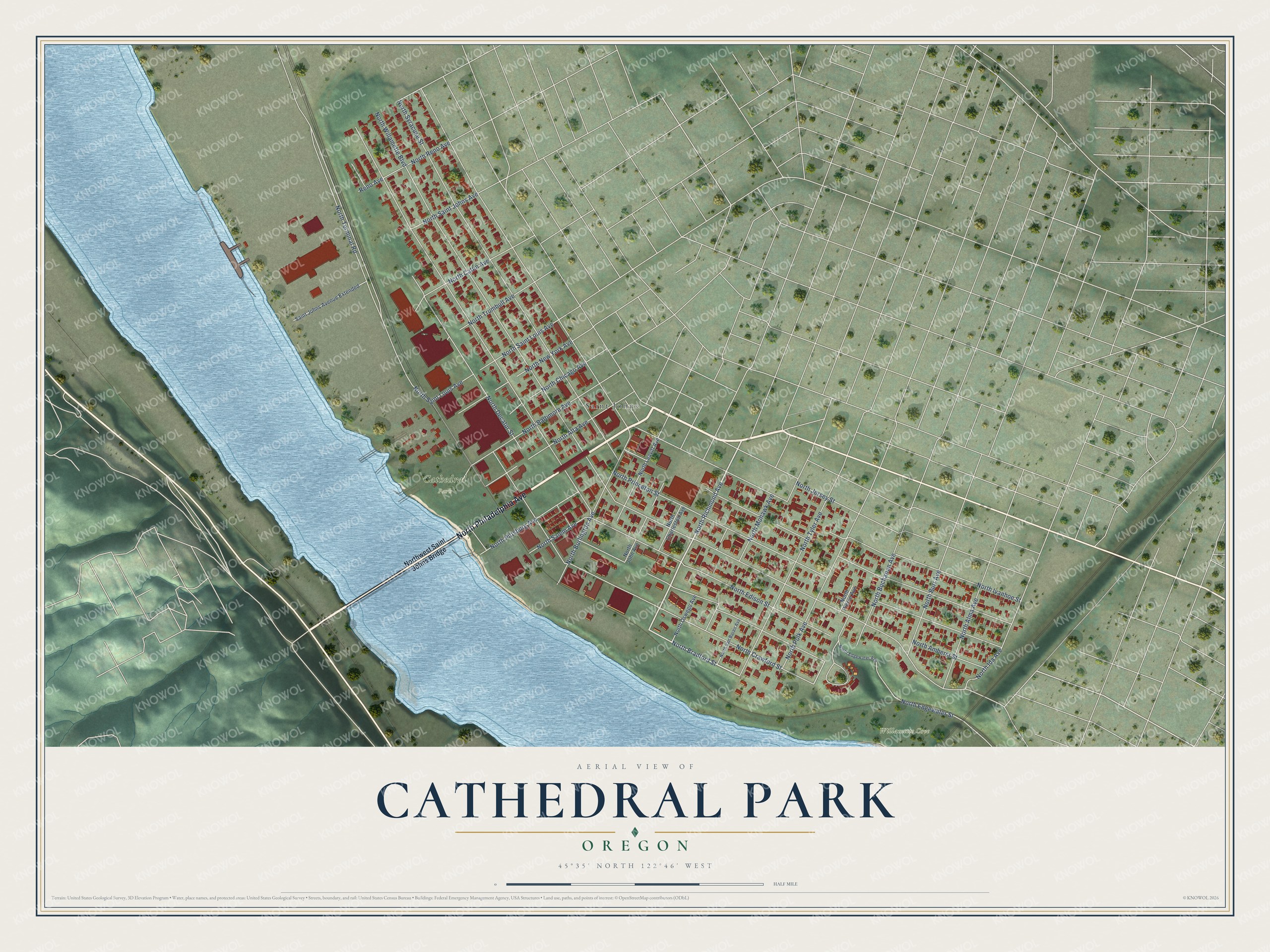 Full map of Cathedral Park, Oregon, with red buildings, printed street names and the land around them