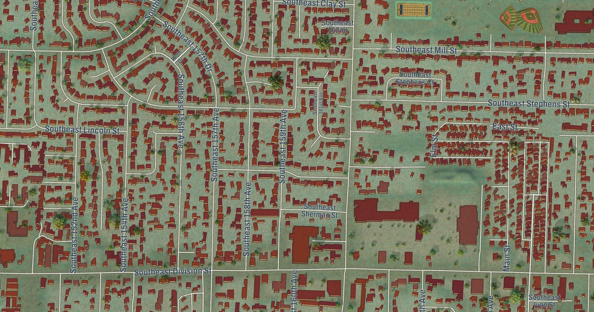 Close-up of streets and buildings in Centennial, Oregon