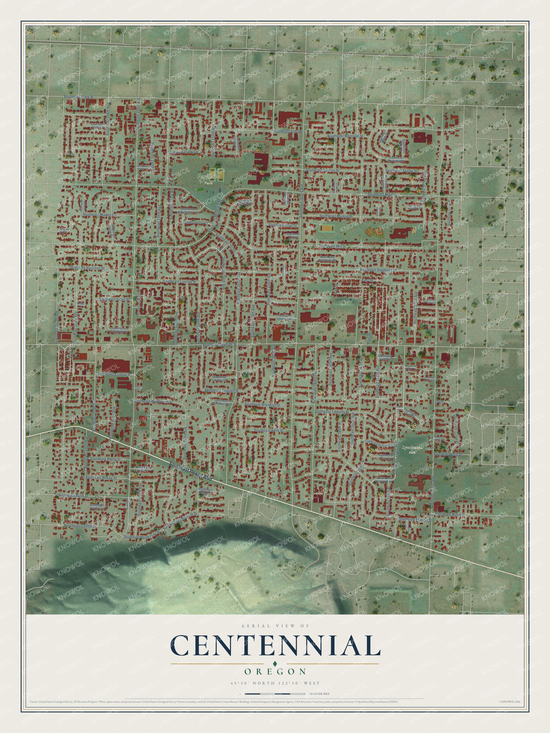 Full map of Centennial, Oregon, with red buildings, printed street names and the land around them