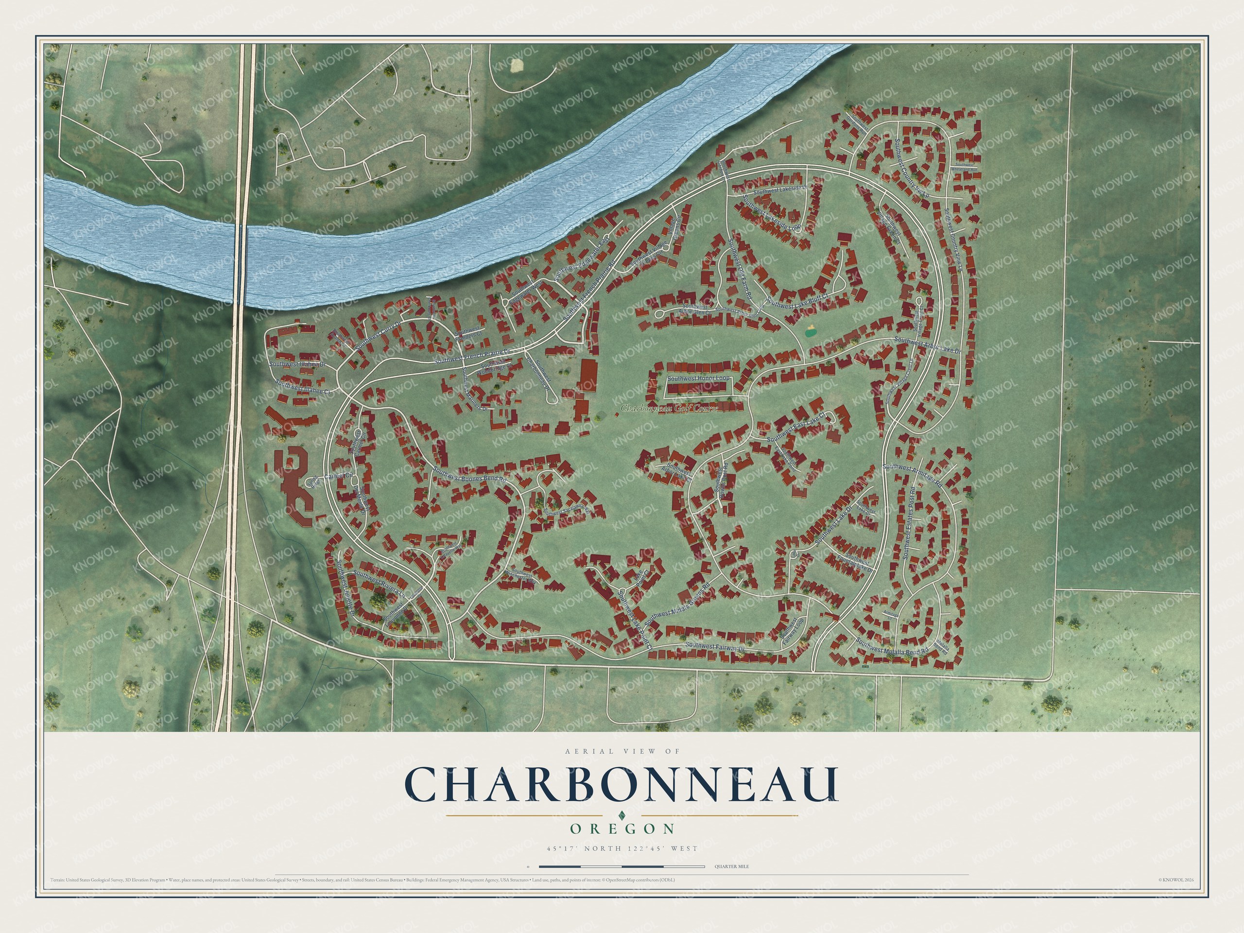Full map of Charbonneau, Oregon, with red buildings, printed street names and the land around them