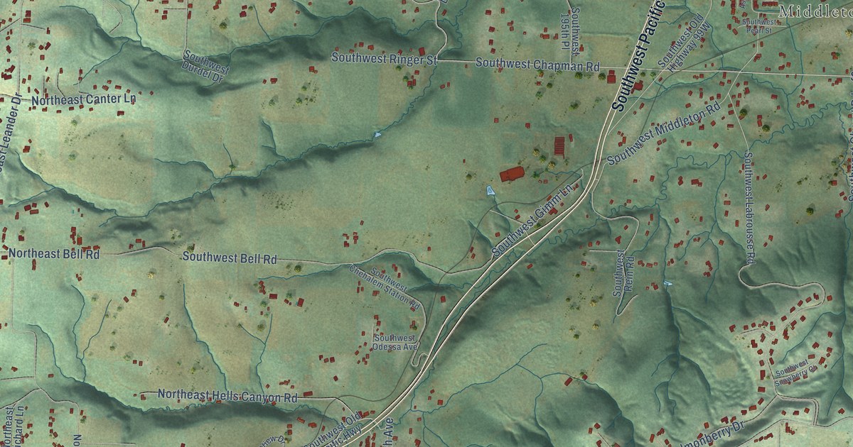 Close-up of streets and buildings in Chehalem, Oregon