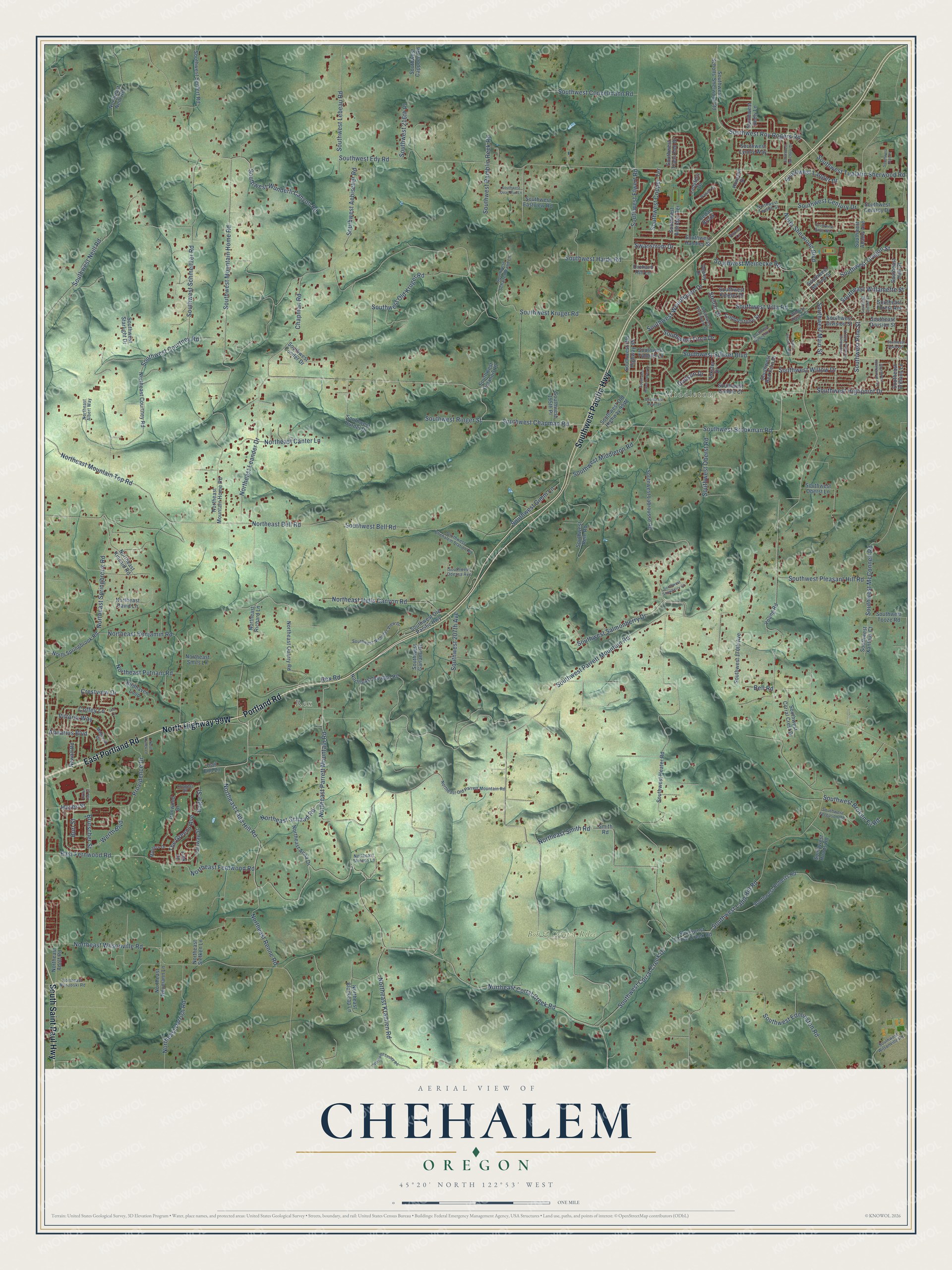 Full map of Chehalem, Oregon, with red buildings, printed street names and the land around them