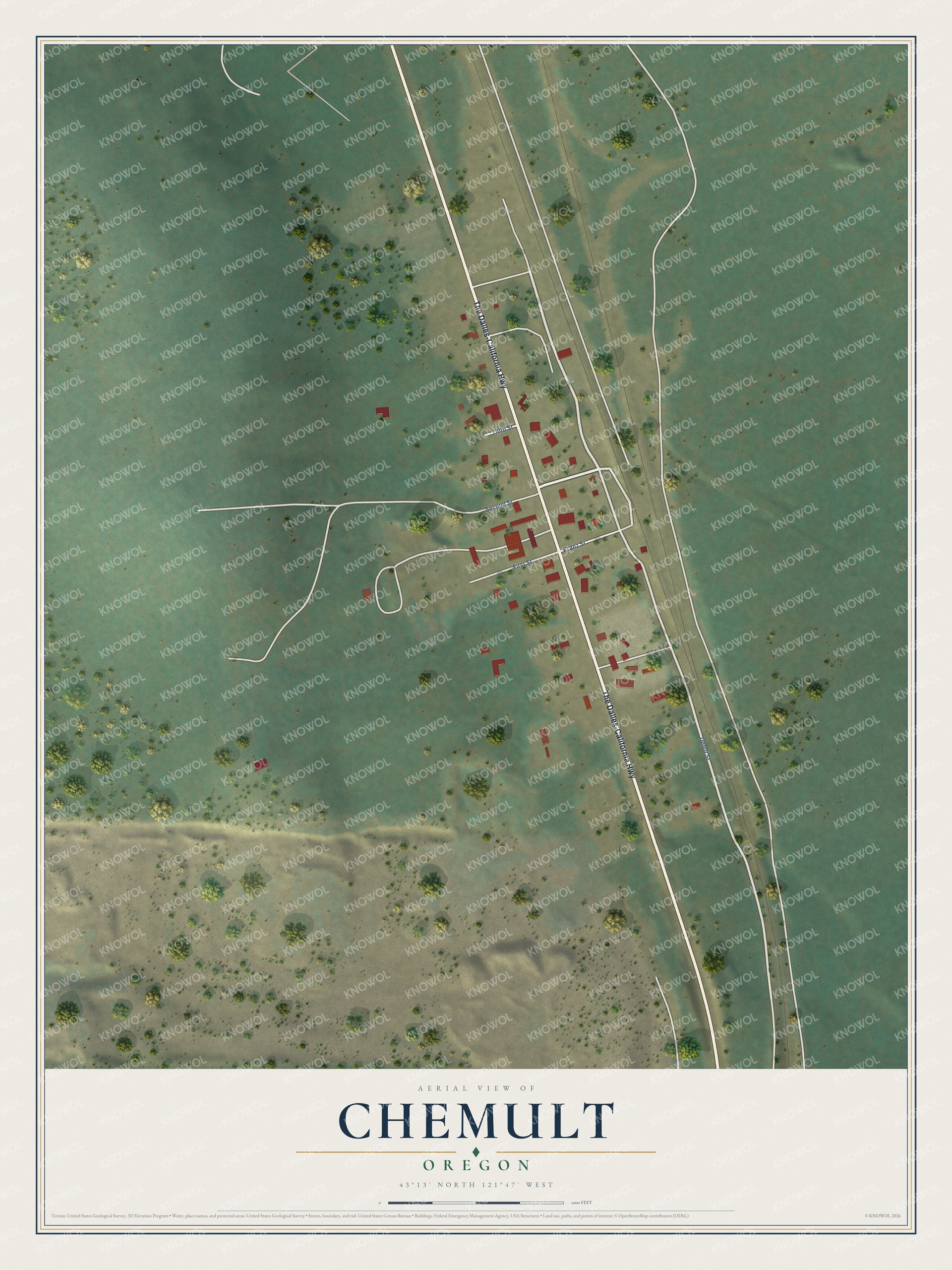 Full map of Chemult, Oregon, with red buildings, printed street names and the land around them