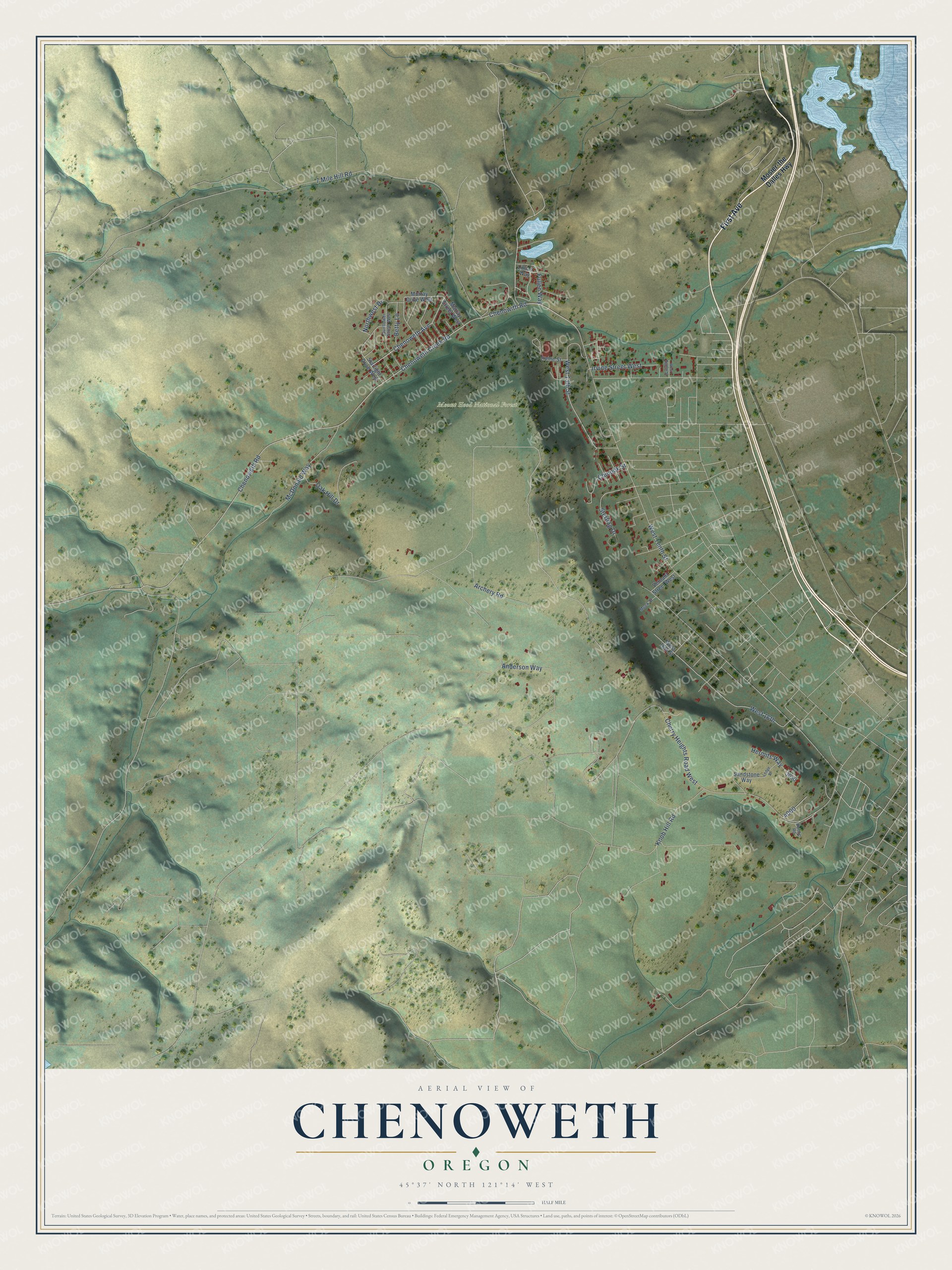 Full map of Chenoweth, Oregon, with red buildings, printed street names and the land around them