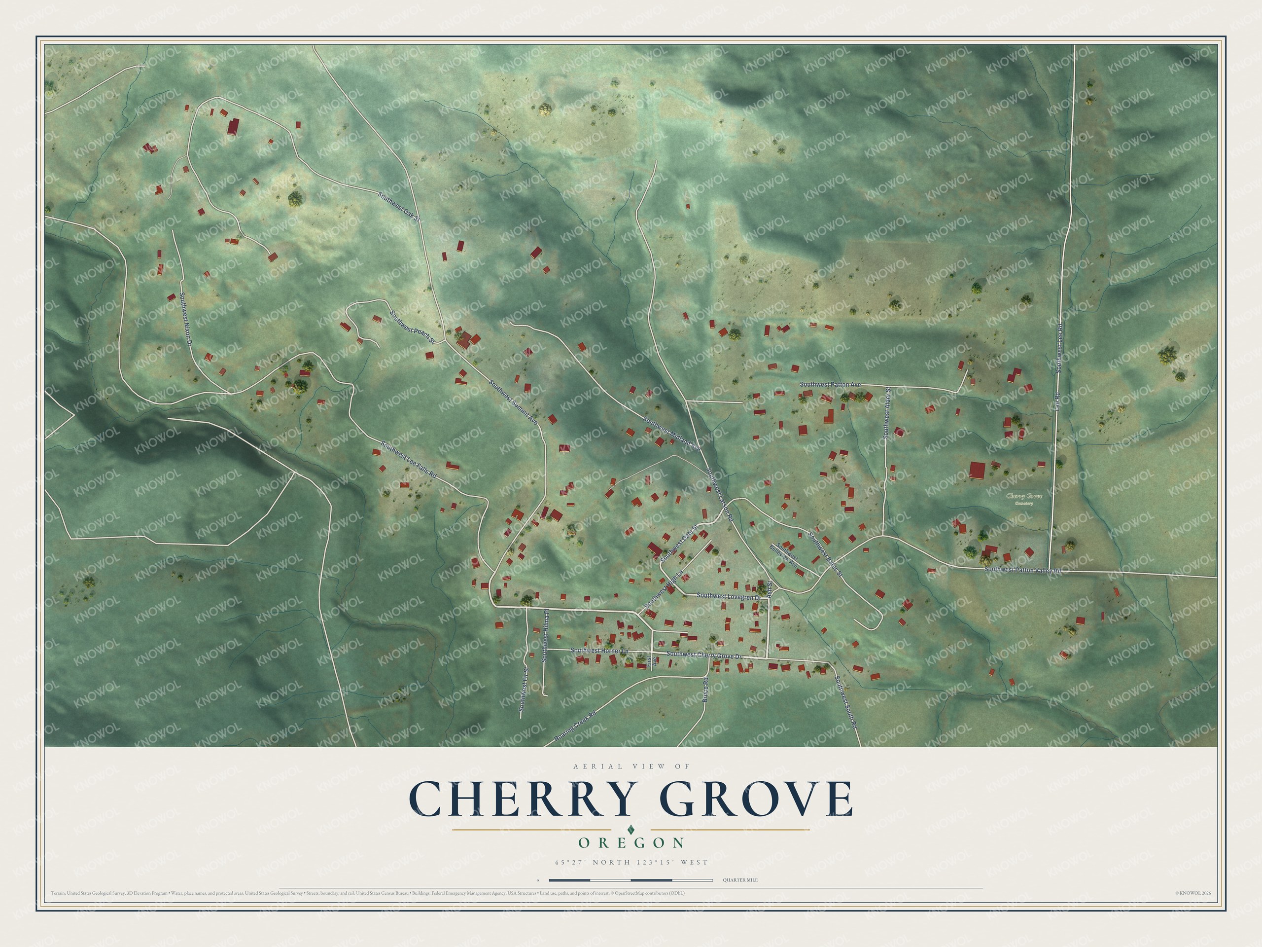 Full map of Cherry Grove, Oregon, with red buildings, printed street names and the land around them