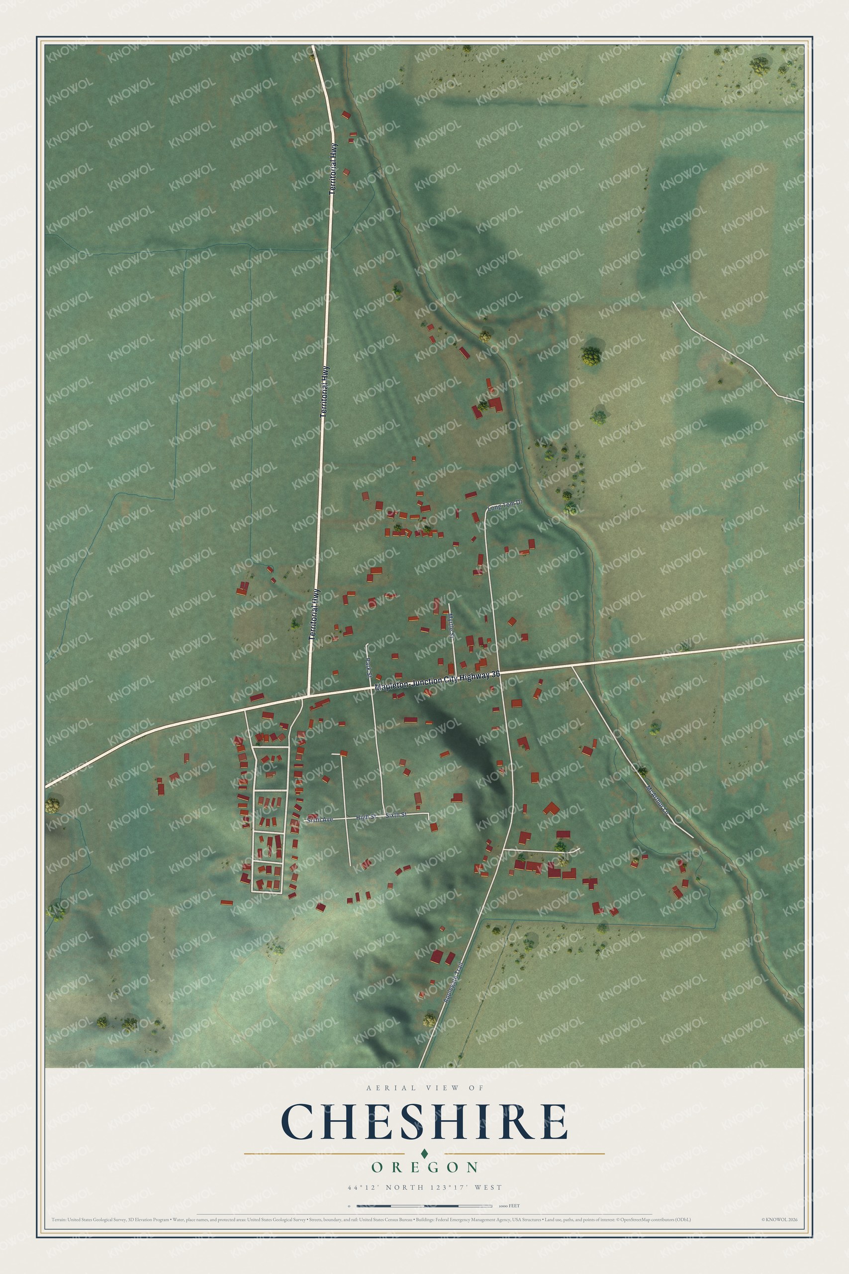 Full map of Cheshire, Oregon, with red buildings, printed street names and the land around them