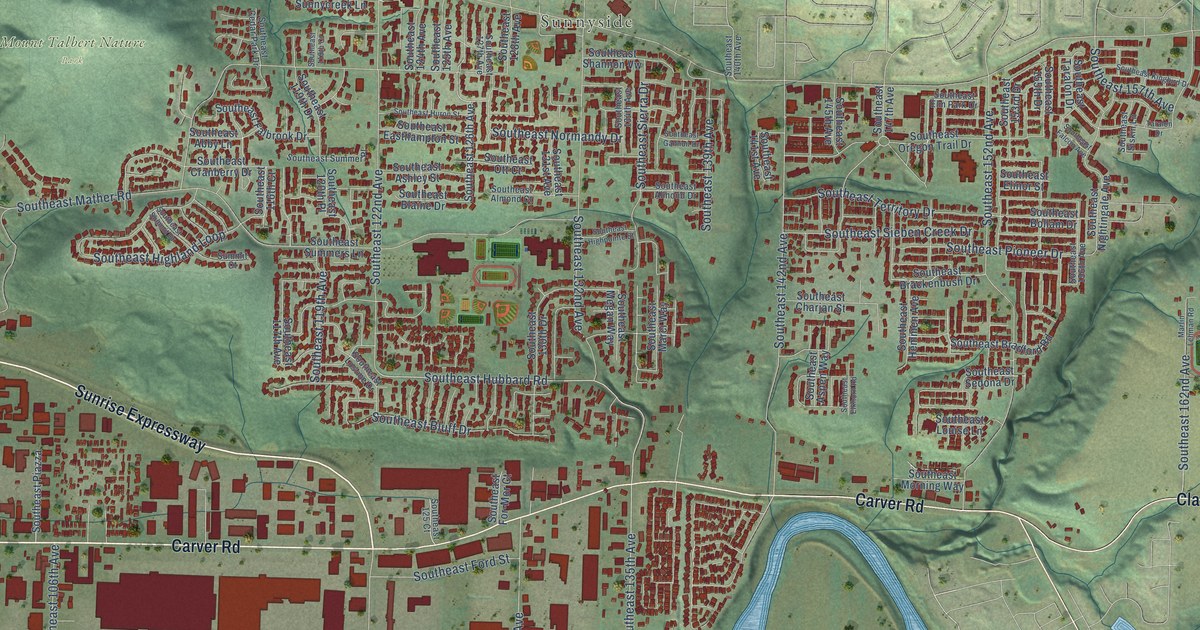 Close-up of streets and buildings in Clackamas, Oregon